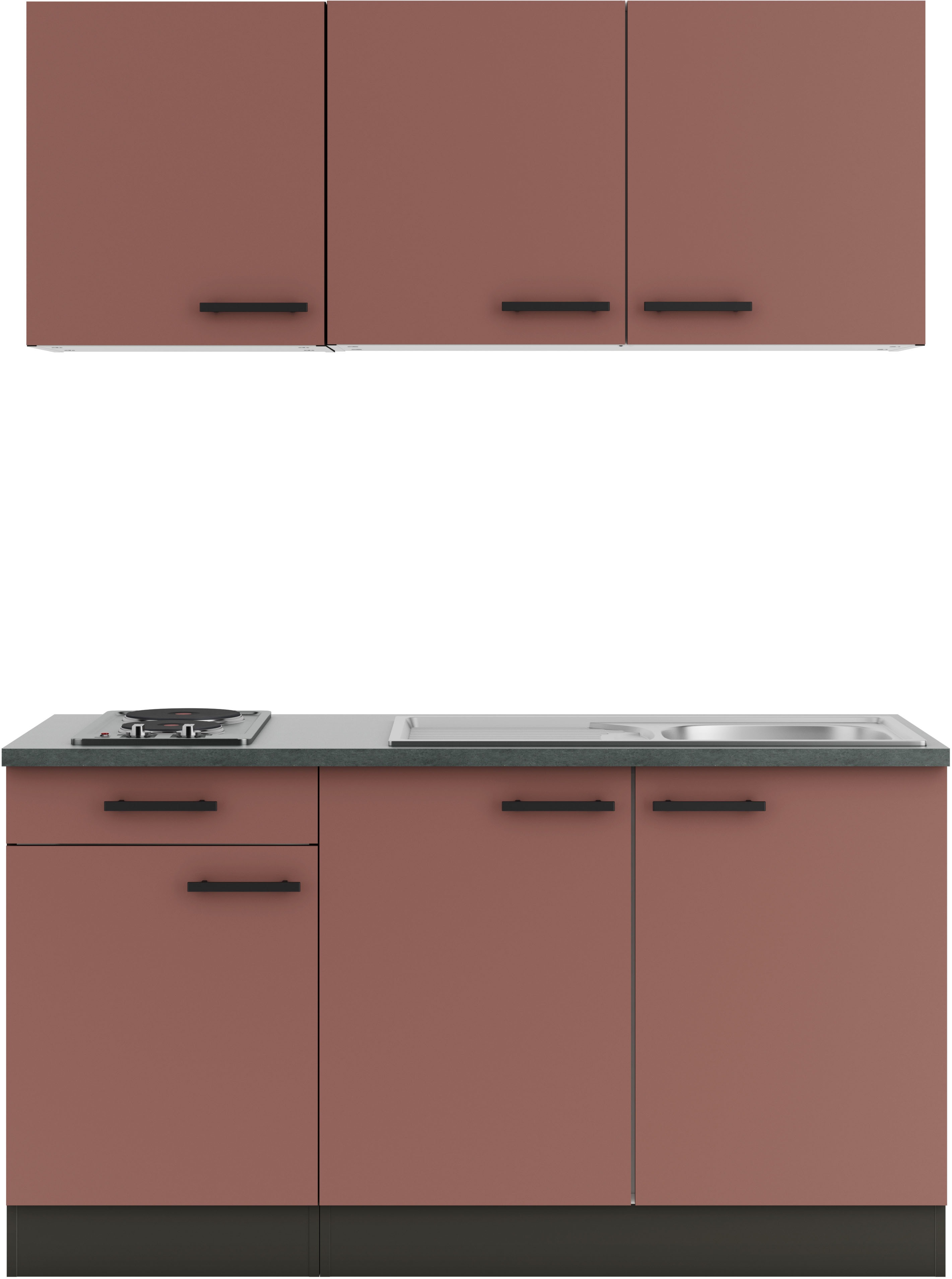 Pantryküche OPTIFIT "Palma", rot (küche: rot, front: rostrot, korpus: anthrazit, arbeitsplatte: anthrazit), B:150cm T:60cm, Komplettküchen-Sets, Breite 150 cm, wahlweise mit Unterbaukühlschrank oder Kochfeld Image