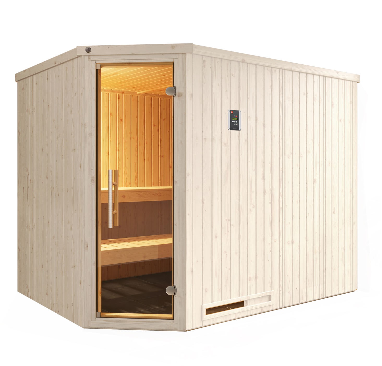 Sauna WEKA "Element-Ecksauna VARBERG 4", weiß, Saunaofen, externe Steuerung, 7,5 kW, Saunen, vorgefertigte Elemente, moderne Ganzglastür