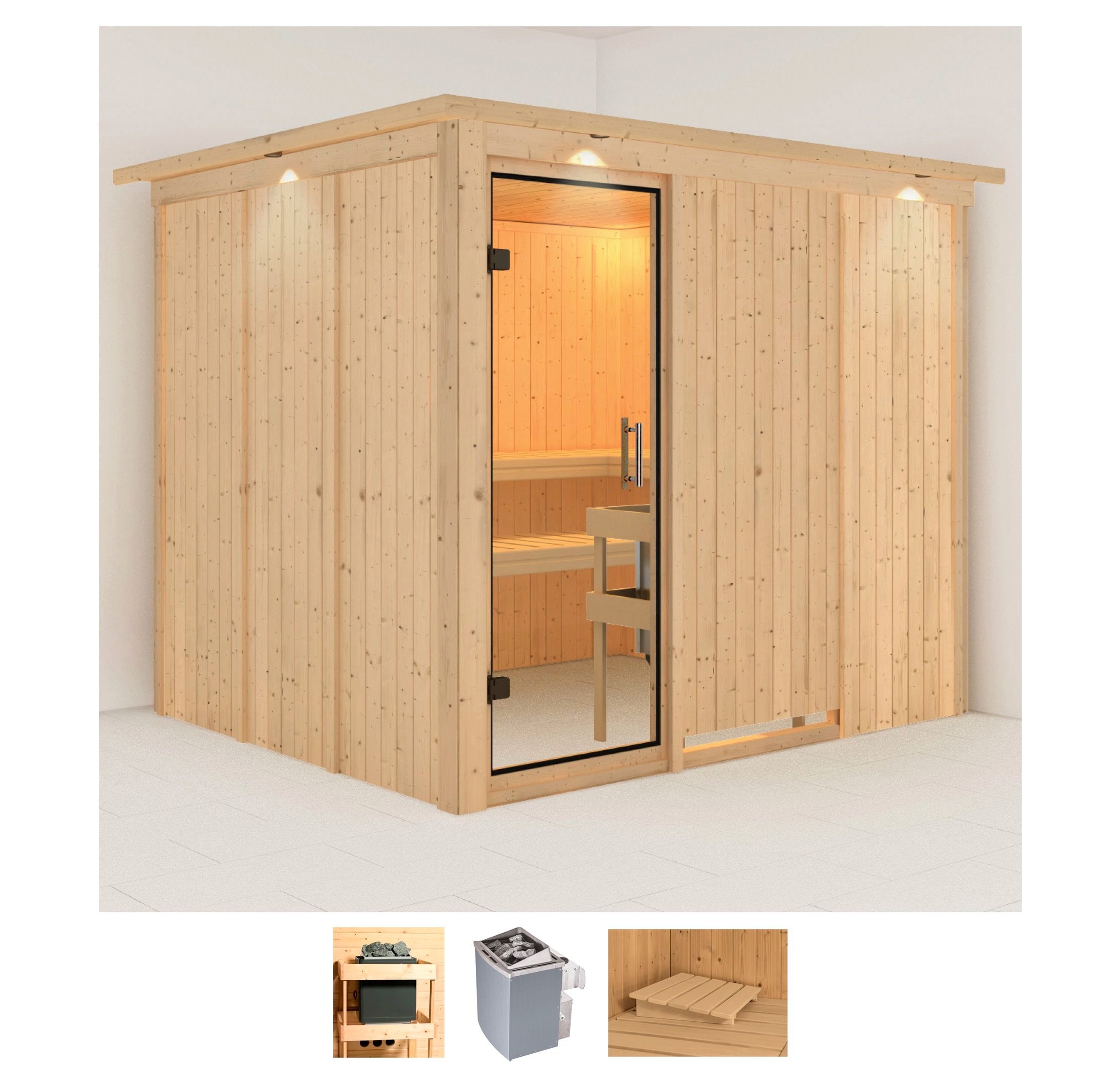 Sauna KARIBU "Gitte", beige (naturbelassen), Saunaofen, integrierte Steuerung, 9 kW, Saunen, 9-kW-Ofen mit integrierter Steuerung Image