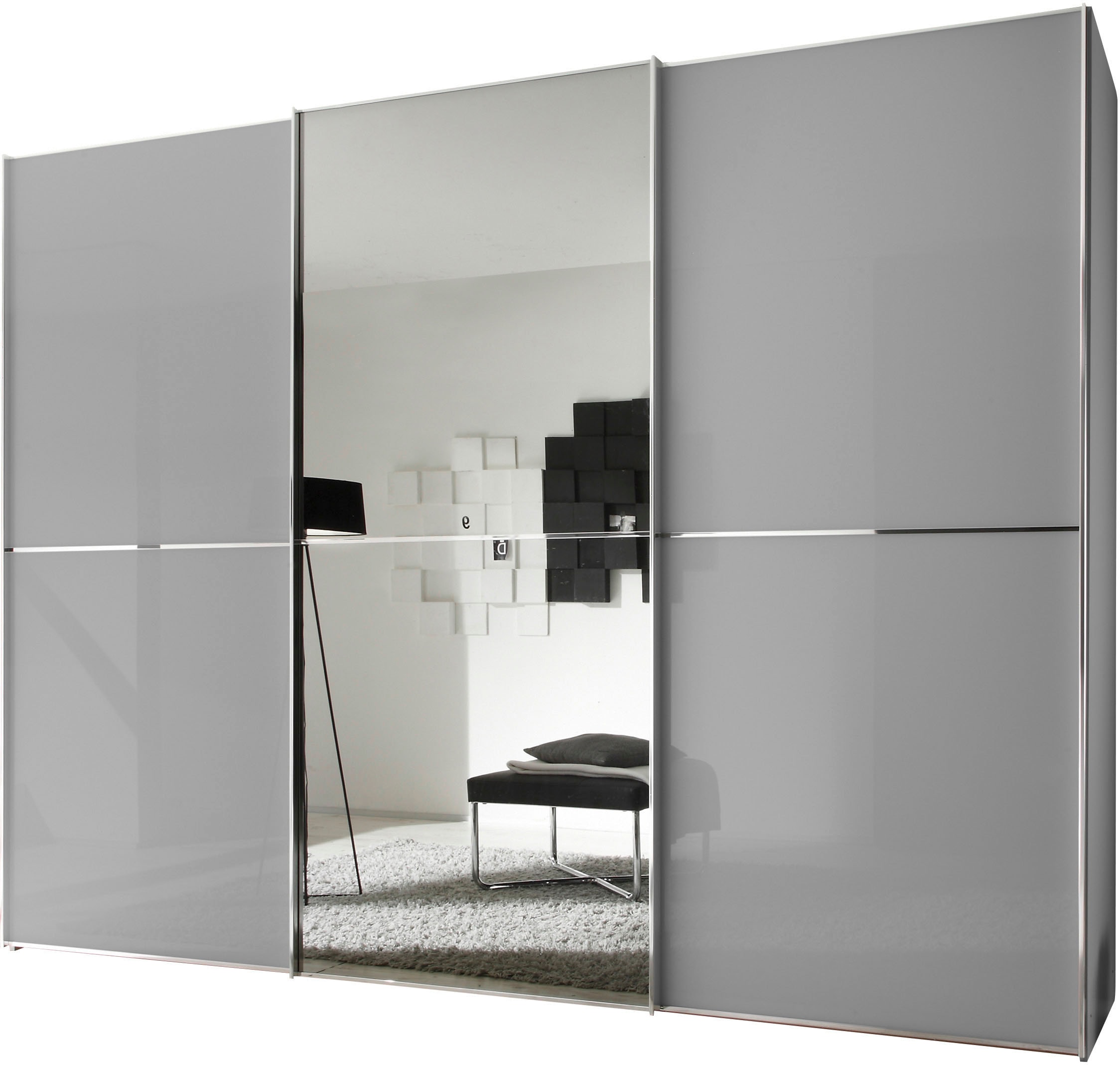 Schwebetürenschrank STAUD "Sinfonie Plus, edles Design in hochwertiger Qualität, Made in Germany", grau (hellgrauglas), B:298cm H:222cm T:68cm, Holzwerkstoff, Schränke, Mit kombinierter Glas-Spiegel-Front, viele Varianten Image