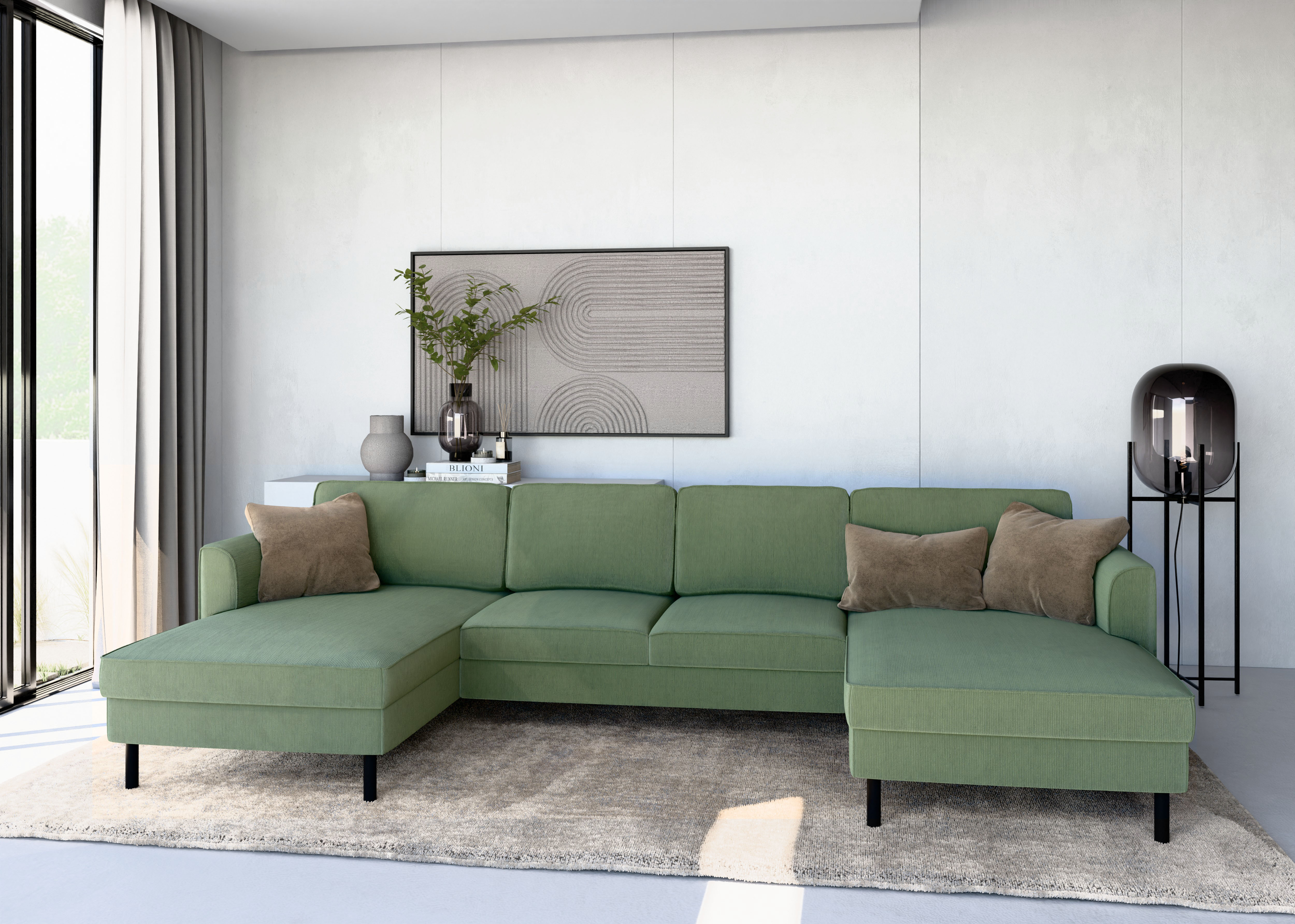 Wohnlandschaft HOME AFFAIRE "Booster II, whlw. mit Schlaffunktion & Bettkasten, Fuß schwarz", mayfly, B:305cm H:83cm T:161cm, 88% Polyester, 12% Nylon, Sofas, Sofa in U-Form, Breite 305 cm