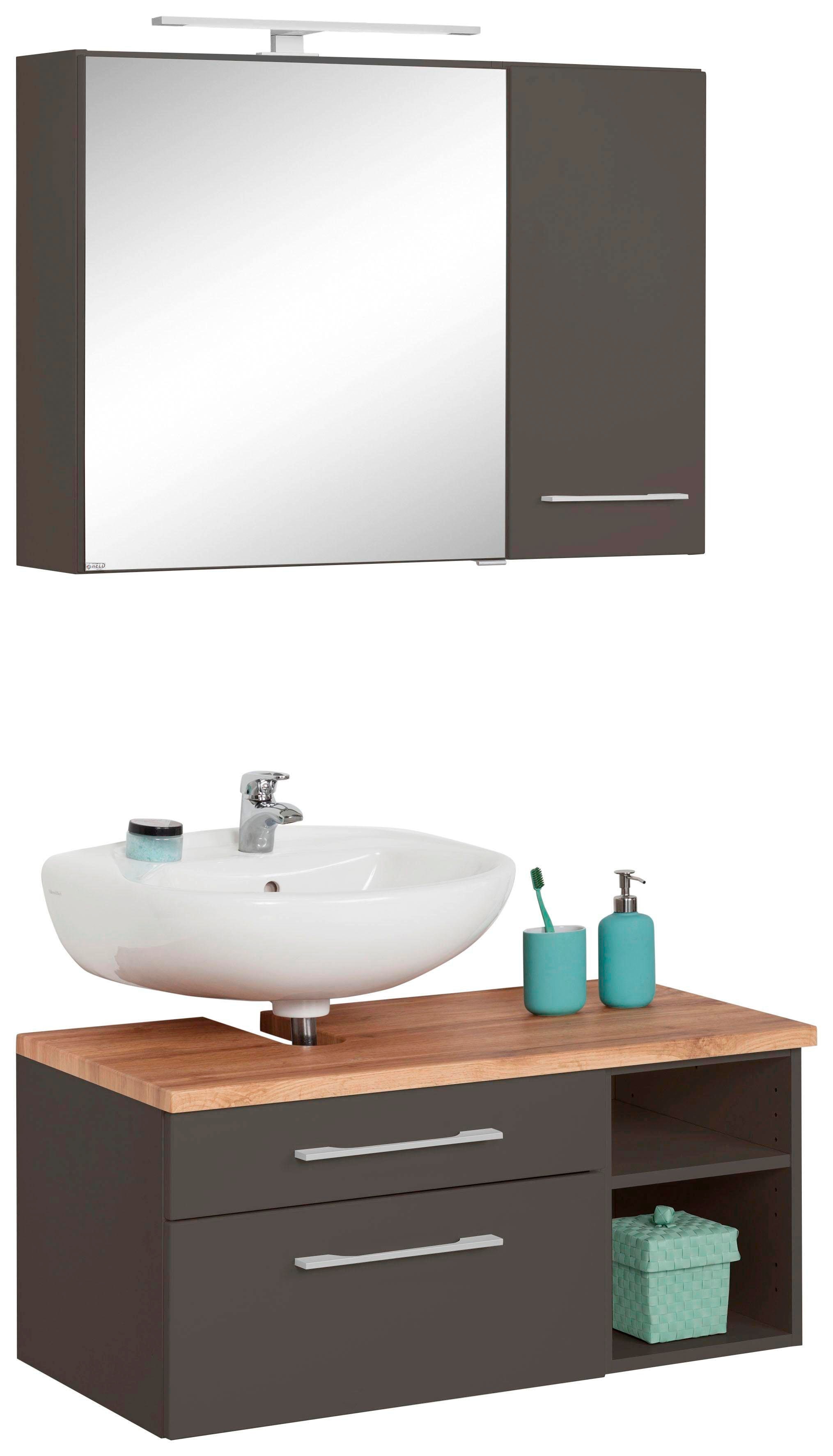 Badmöbel-Set WELLTIME "Davos", grau (graphit, grau), Siphonausschnitt links, Holzwerkstoff, Kastenmöbel-Sets, mit LED-Beleuchtung, Hängeschrank und Waschbeckenunterschrank Image