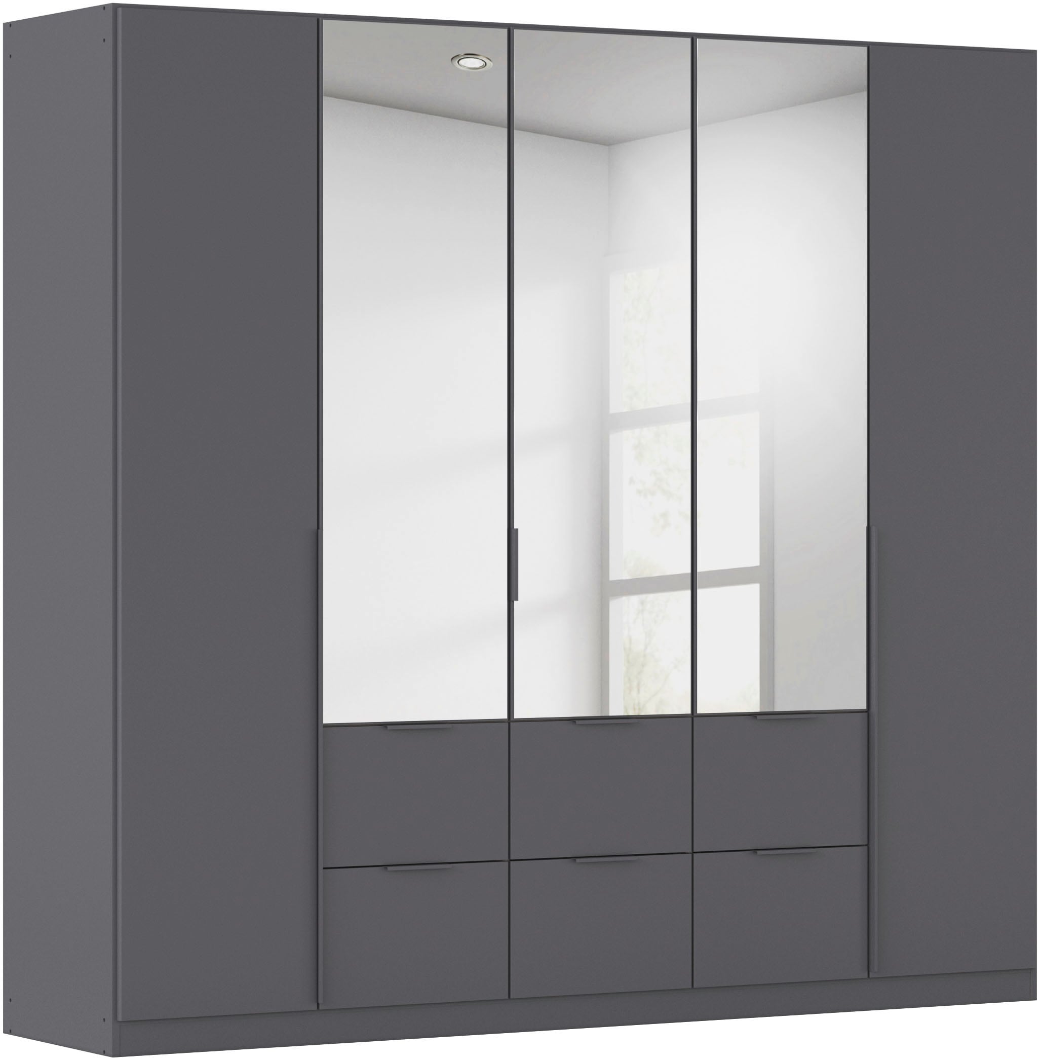 Drehtürenschrank RAUCH "Kleiderschrank Schrank Garderobe AGORDO mit Dekor- oder Hochglanzfront", grau (graumetallic), B:226cm H:210cm T:54cm, Holzwerkstoff, Schränke, mit Außenschubkästen, in 7 Breiten und 2 Höhen MADE IN GERMANY Image