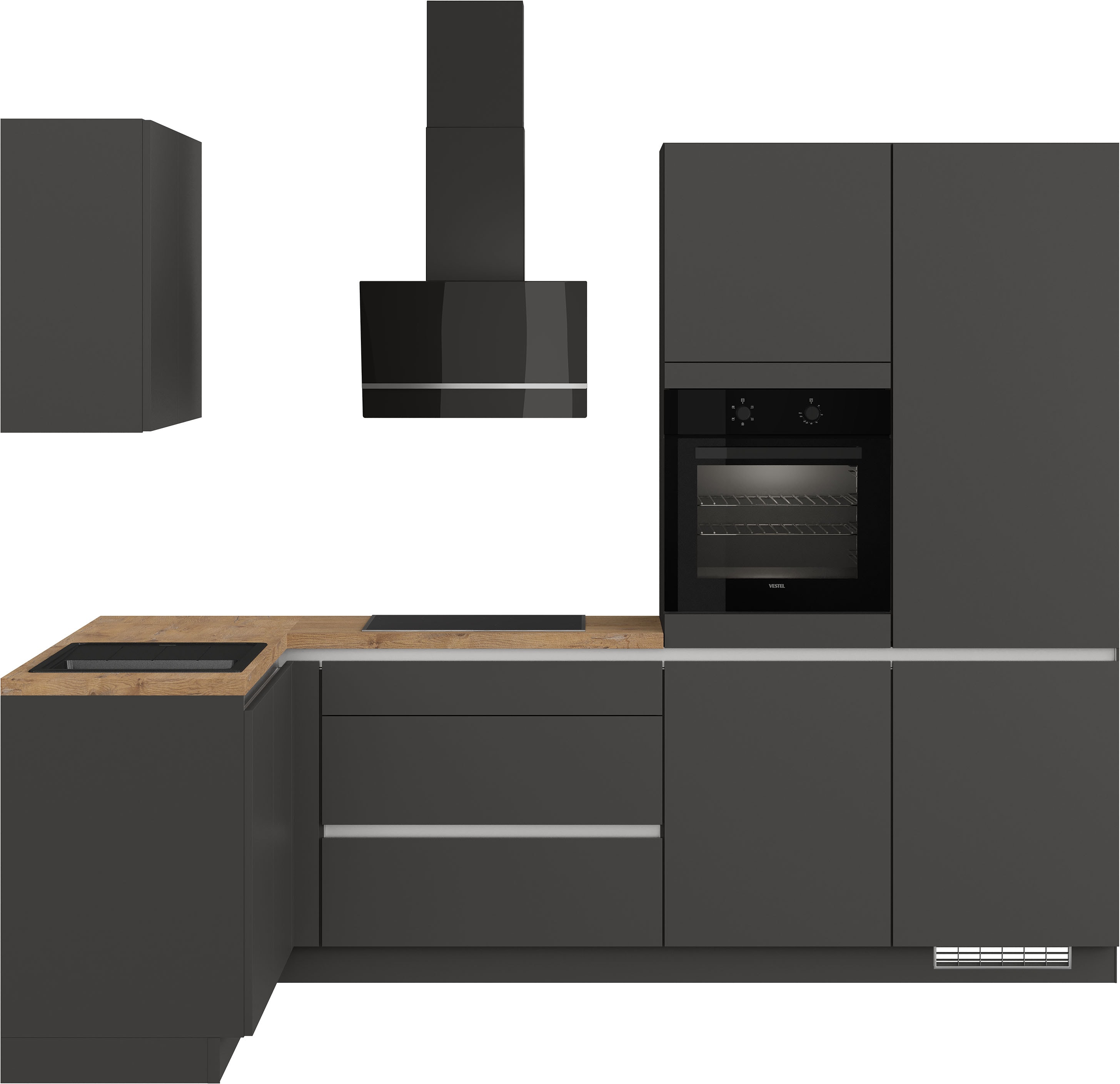 Winkelküche IMPULS KÜCHEN ""Dublin", Anti Fingerprint Oberfläche, Schubkästen mit Soft-Close", grau (küche: grau, front: grafit, korpus: grafit, arbeitsplatte: vintage eiche, nachbildung), B:460cm H:222cm T:60cm, Komplettküchen-Sets, vormontiert,...