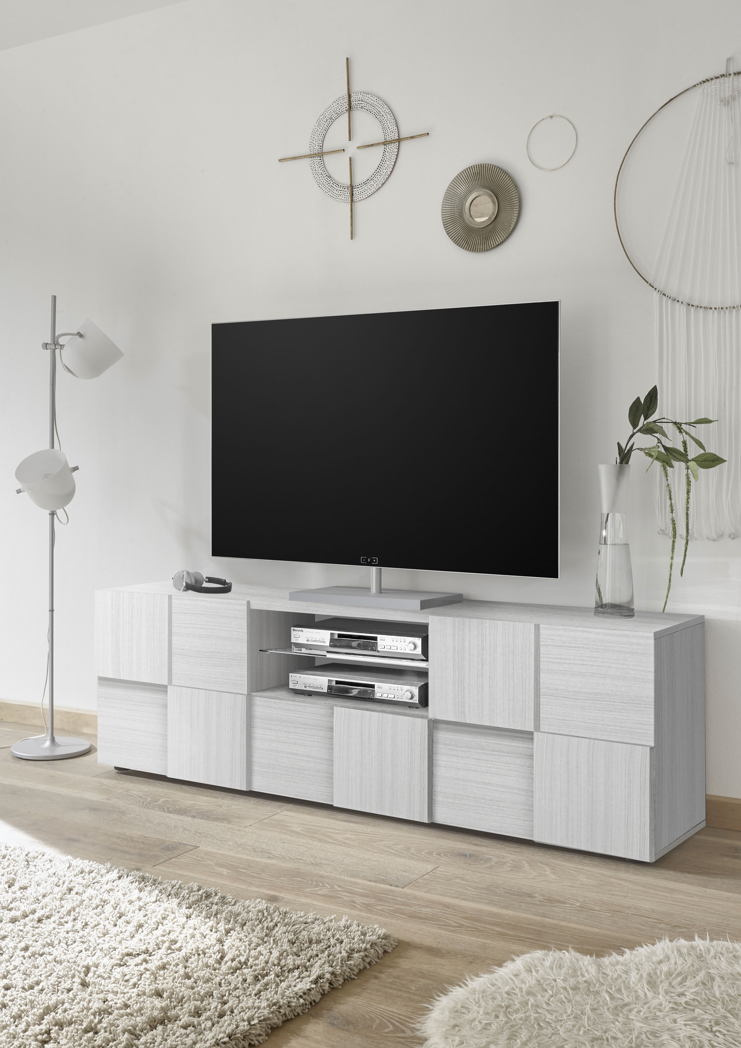 Lowboard HOME AFFAIRE "Dama Breite 181 cm, TV-Board 2 Türen, 1 Schubkasten, TV-Schrank", grau (eucalipto), Sideboards, Lowboard, Front in 3D-Optik, viel Stauraum, verschiedene Farben