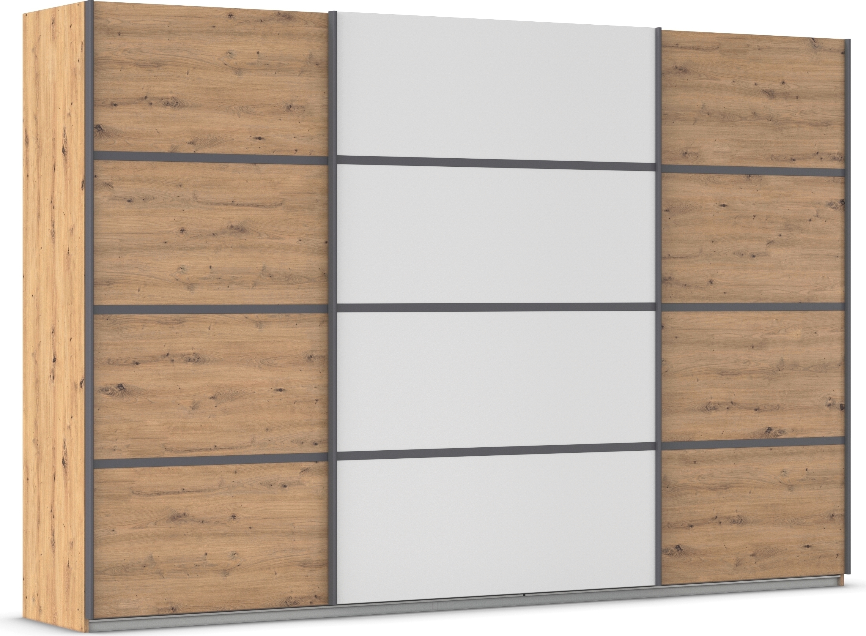 Kleiderschrank RAUCH "Schwebetürenschrank OTTO´s Choice Garderobe Schrank TOP ANGEBOT Avola", weiß (eiche artisan, alpinweiß, leisten graumetallic), B:315cm H:229cm T:62cm, Holzwerkstoff, Schränke, mit eleganten Zierleisten in Chrom, Schwarz oder... Image