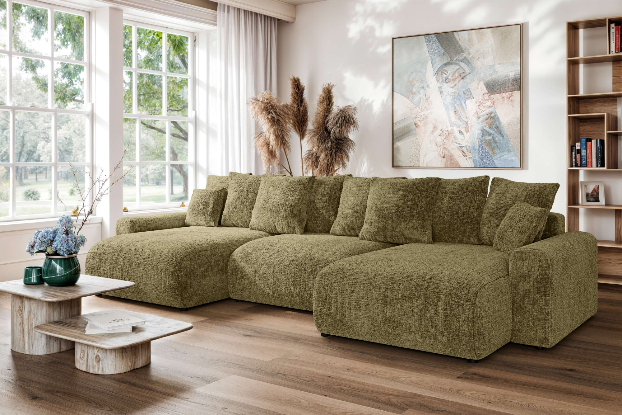 Wohnlandschaft HOME AFFAIRE "LAKESIDE mit Bettfunktion und Bettkasten, Maße B/T/H: 332,5/142/84 cm", grün, B:332,5cm H:84cm T:142cm, 100% Polyester, Sofas, Wohnlandschaft, U‑Form mit vielen Kissen und Wellenunterfederung
