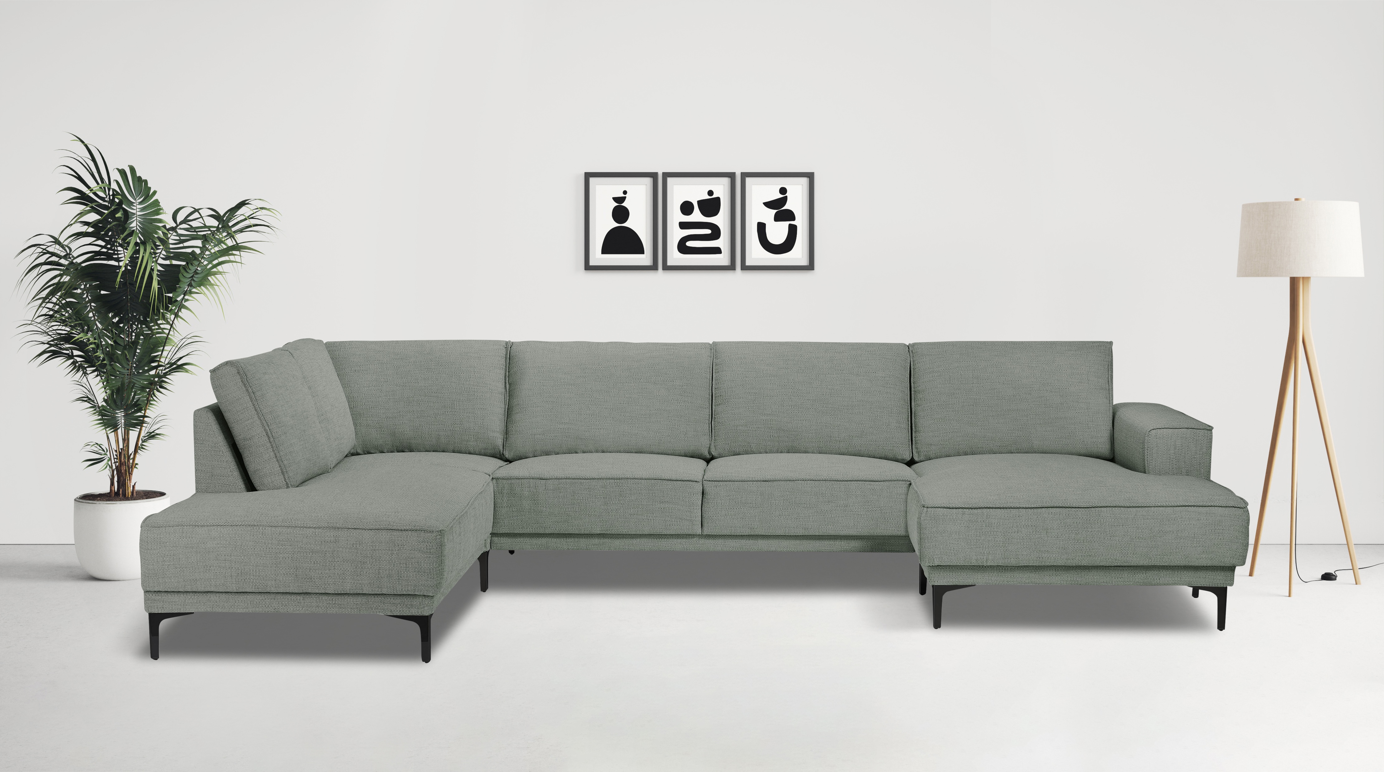 Wohnlandschaft OTTO HOME "XXL Sofa Oland, Struktur, Flachgewebe, Luxus-Microfaser, Boucle", blau (sapphire), B:345cm H:85cm T:210cm, 100% Polyester, Sofas, Wohnlandschaft, U-Form, 345 cm, Wellenunterfederung, Skandi-Design, Metallfüße