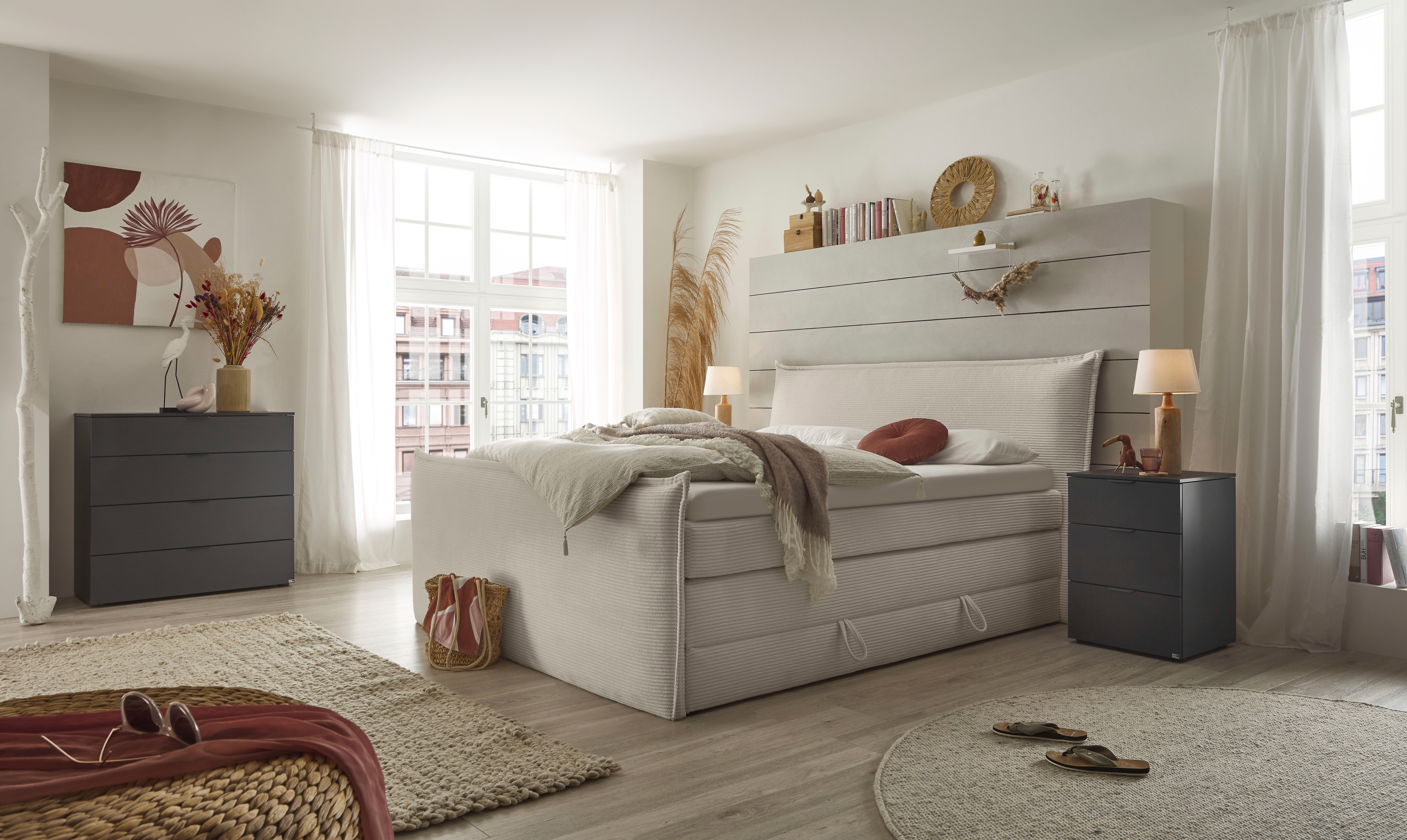 Boxspringbett "Florida", beige (cremeweiß), L:228cm, SET ONE BY MUSTERRING, Komplettbetten, Boxspringbett, in modernem Cord-Bezug, mit Bettkasten, in 3 Größen erhältlich