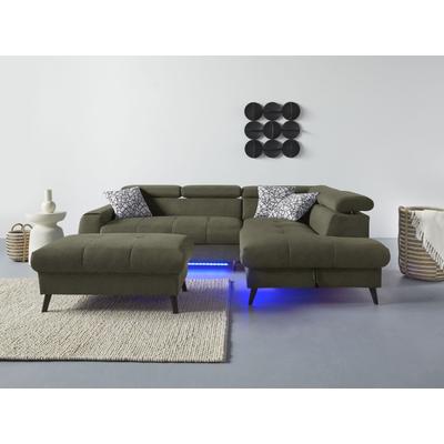 Ecksofa COTTA "Mia L-Form mit 3 Zierkissen", grün (turtle), B:244cm H:74cm T:193cm, 100% Polyester, Sofas, wahlweise mit Bettfunktion, Bettkasten, Beleuchtung & Wireless-Charger Image