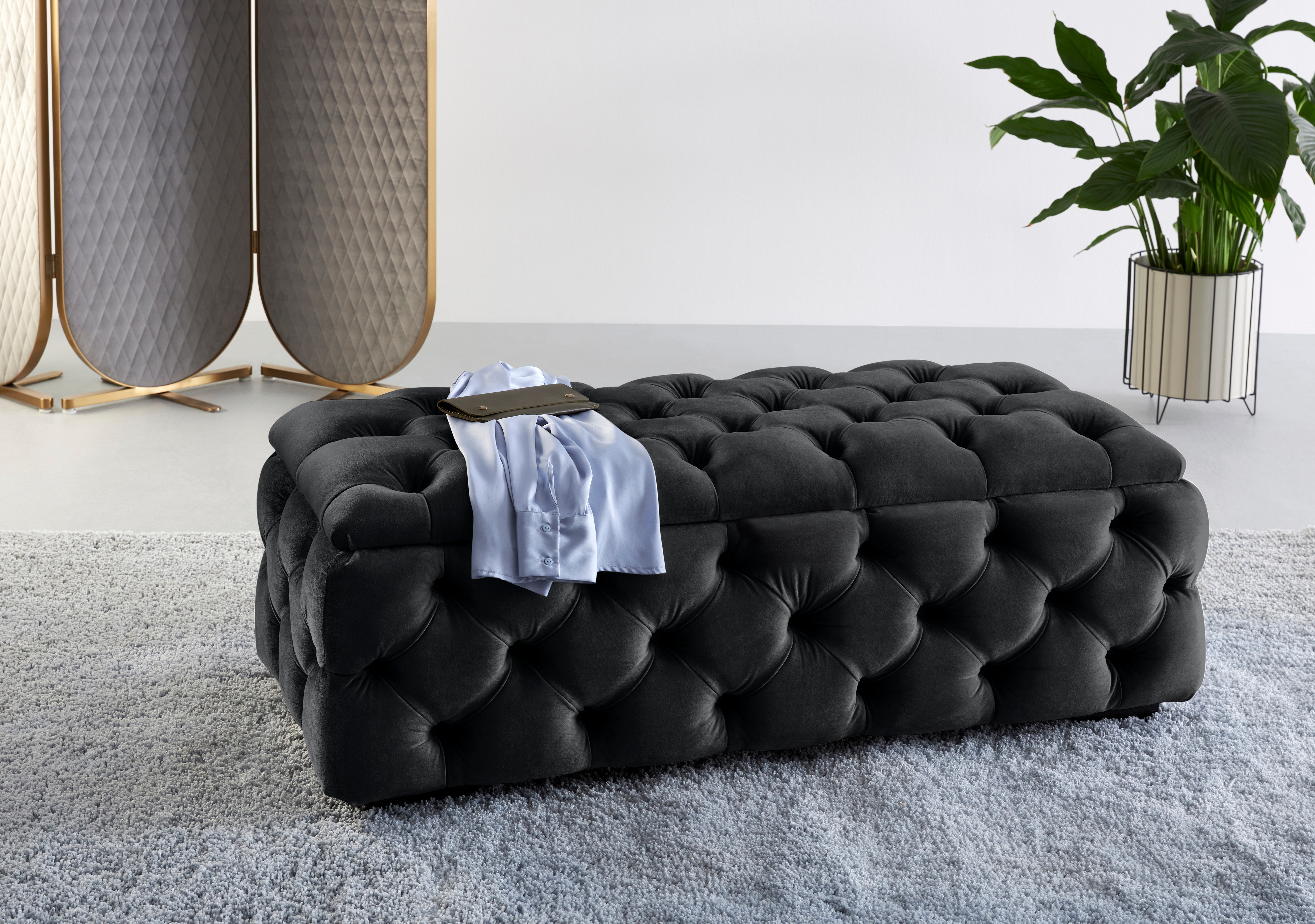 Polsterhocker HOME AFFAIRE "KALINA, hochwertige Knopfheftung, B/T/H: 120/55/45 cm", schwarz, B:120 H:45 T:55, 100% Polyester, Hocker, mit Staufach und innenliegenden Laschen zur besseren Aufbewahrung Image