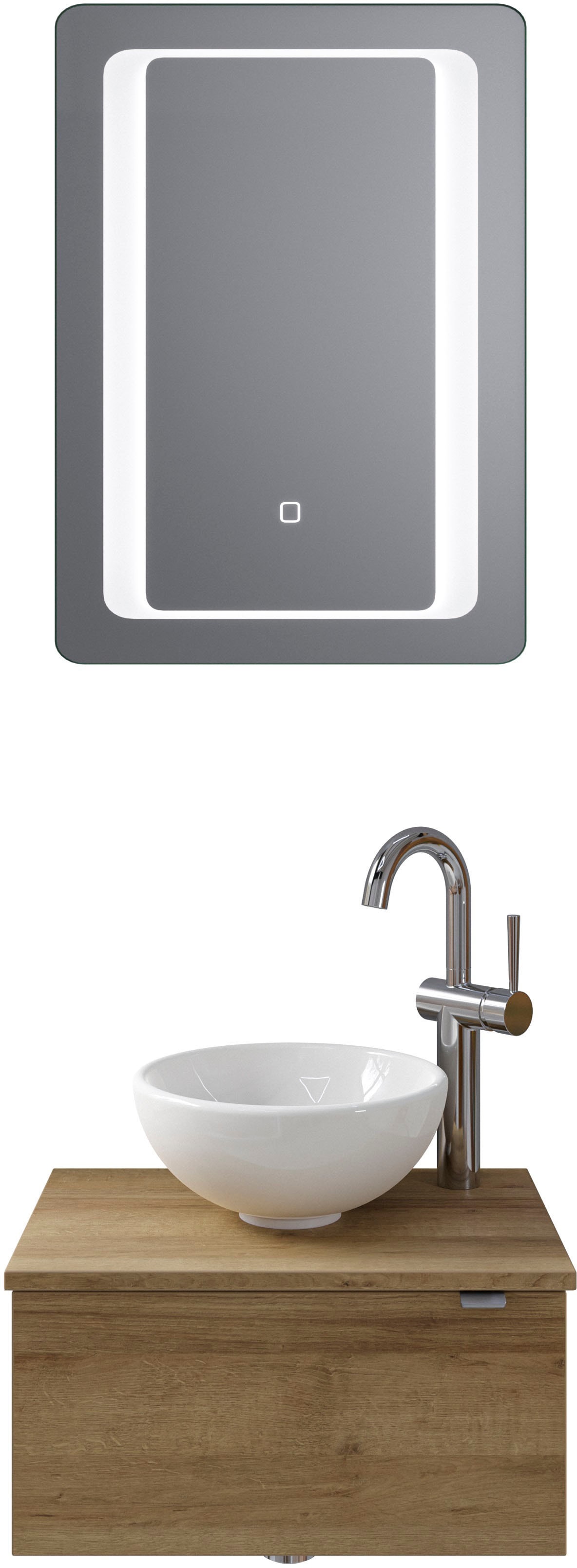 Badmöbel-Set SAPHIR "Serie 6915", braun (riviera eiche, riviera eiche), B:51cm H:200cm T:35cm, Kastenmöbel-Sets, Gäste-Bad, 51 cm breit, mit LED-Spiegel und 1 Tür Image