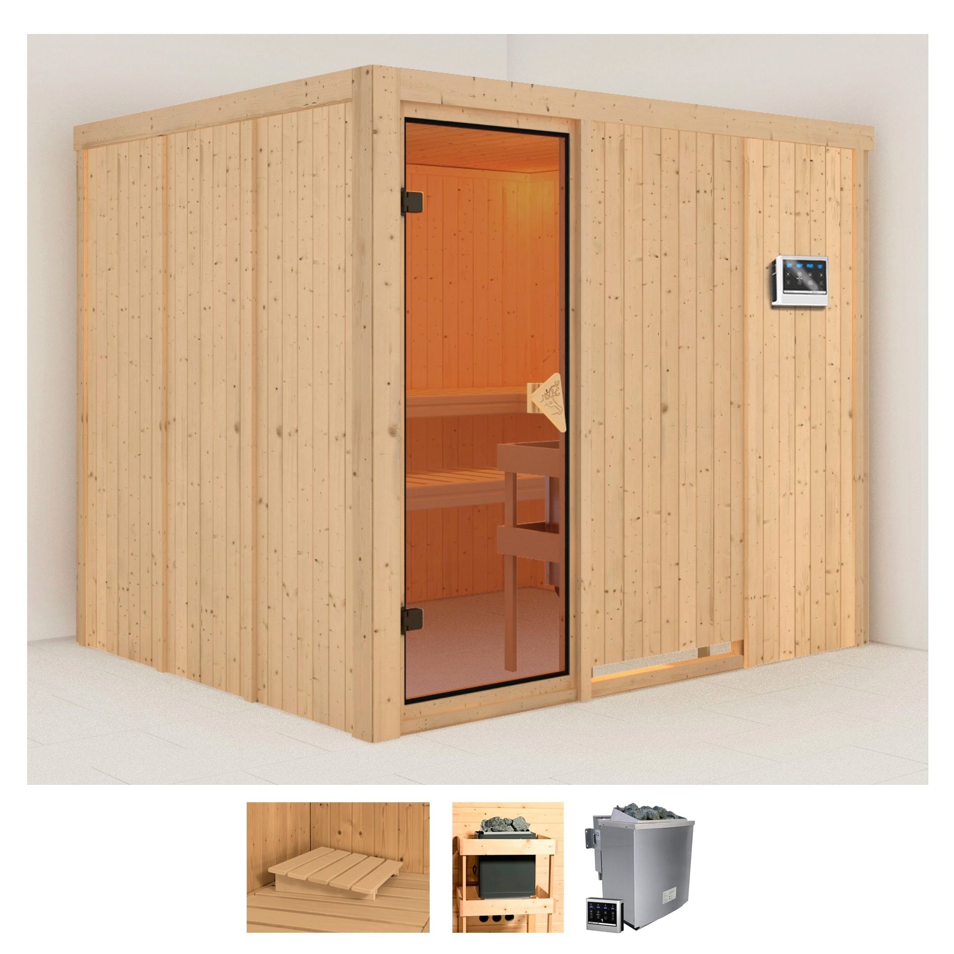 Sauna KARIBU "Gitte", beige (naturbelassen), Bio-Kombiofen, externe Steuerung, 9 kW, Saunen, 9-kW-Bio-Ofen mit externer Steuerung Image
