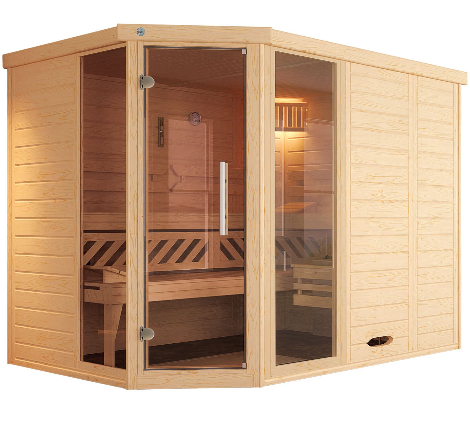 Sauna WEKA "Design-Sauna KEMI Eck 2", beige (natur), Saunaofen, externe Steuerung, 9 kW, Saunen, Blockbohlen, vorgef. Elemente, Fensterelement, mod. Ganzglastür
