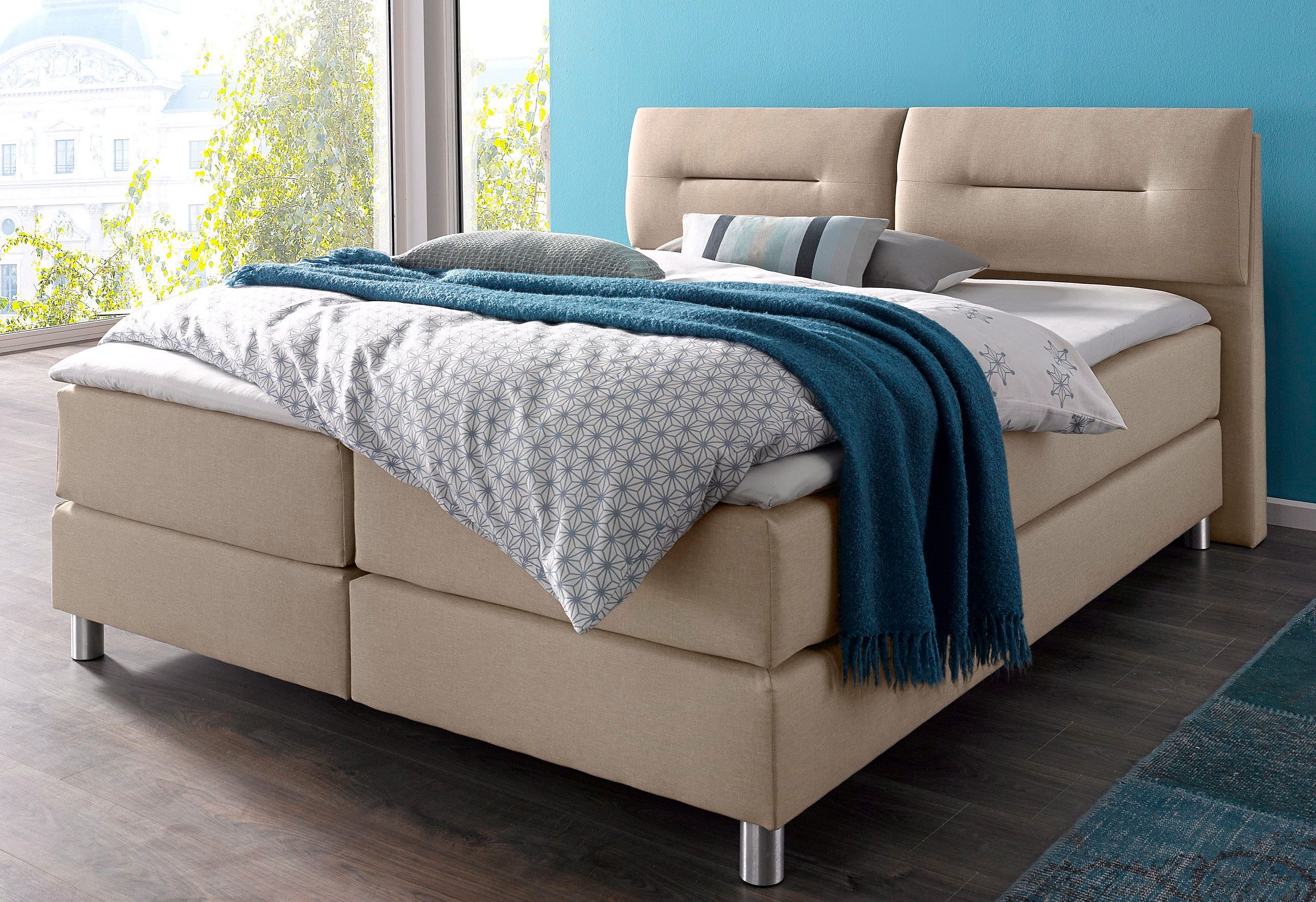Boxspringbett MAINTAL, beige, Strukturstoff, Liegefläche B/L: 180cm x 200cm, H3, 7-Zonen-Tonnentaschen-Federkernmatratze, Bezug bei beige, anthrazit und hellgrau: pflegeleichter Strukturstoff (100% Polyester);Bezug bei weiß und schwarz: Kunstleder... Image