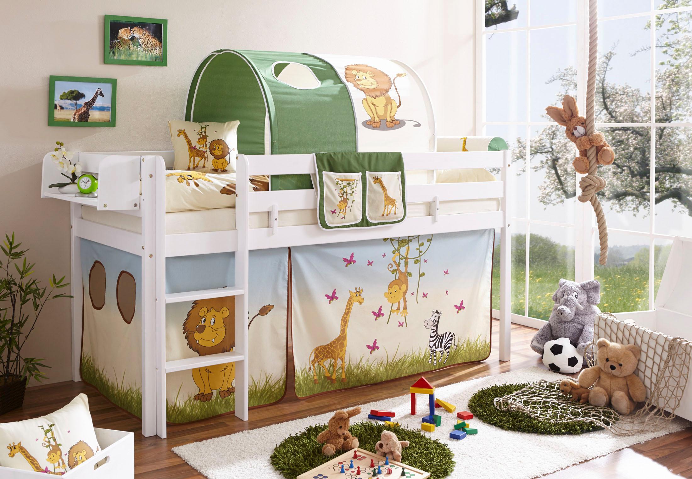 Hochbett TICAA "Malte", beige (kiefer massiv weiß, safari), B:101cm H:114cm L:205cm, Hochbetten, Hochbett, mit Rollrost und in verschiedenen Ausführungen wahlweise mit Matratze