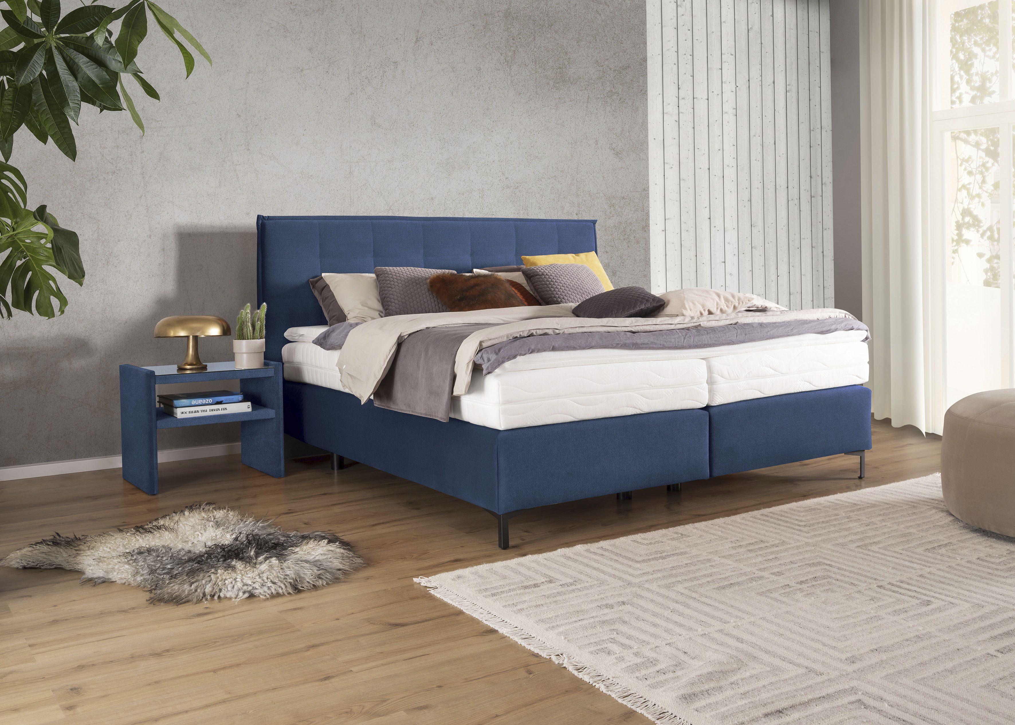 Boxspringbett ALINA "Elmar", blau (dunkelblau tcm 96), B:180cm L:209cm, Struktur fein TCM (100% Polyester), Komplettbetten, Boxspringbett, mit gestepptem Kopfteil, inklusive Matratze und Topper Image