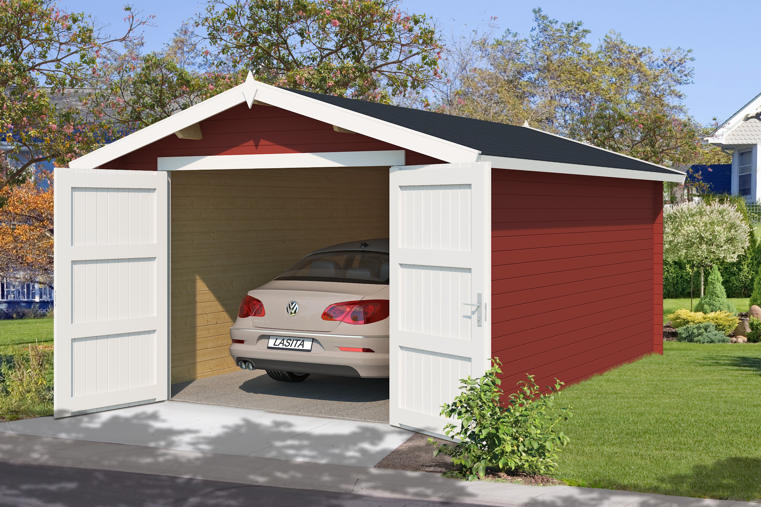 Einzelcarport NORDIC HOLZ "MAURITIUS 34", rot (schwedenrot), B/H/T: 381,8cm x 197cm x 560cm, Carports, breites Vollholz-Garagentor