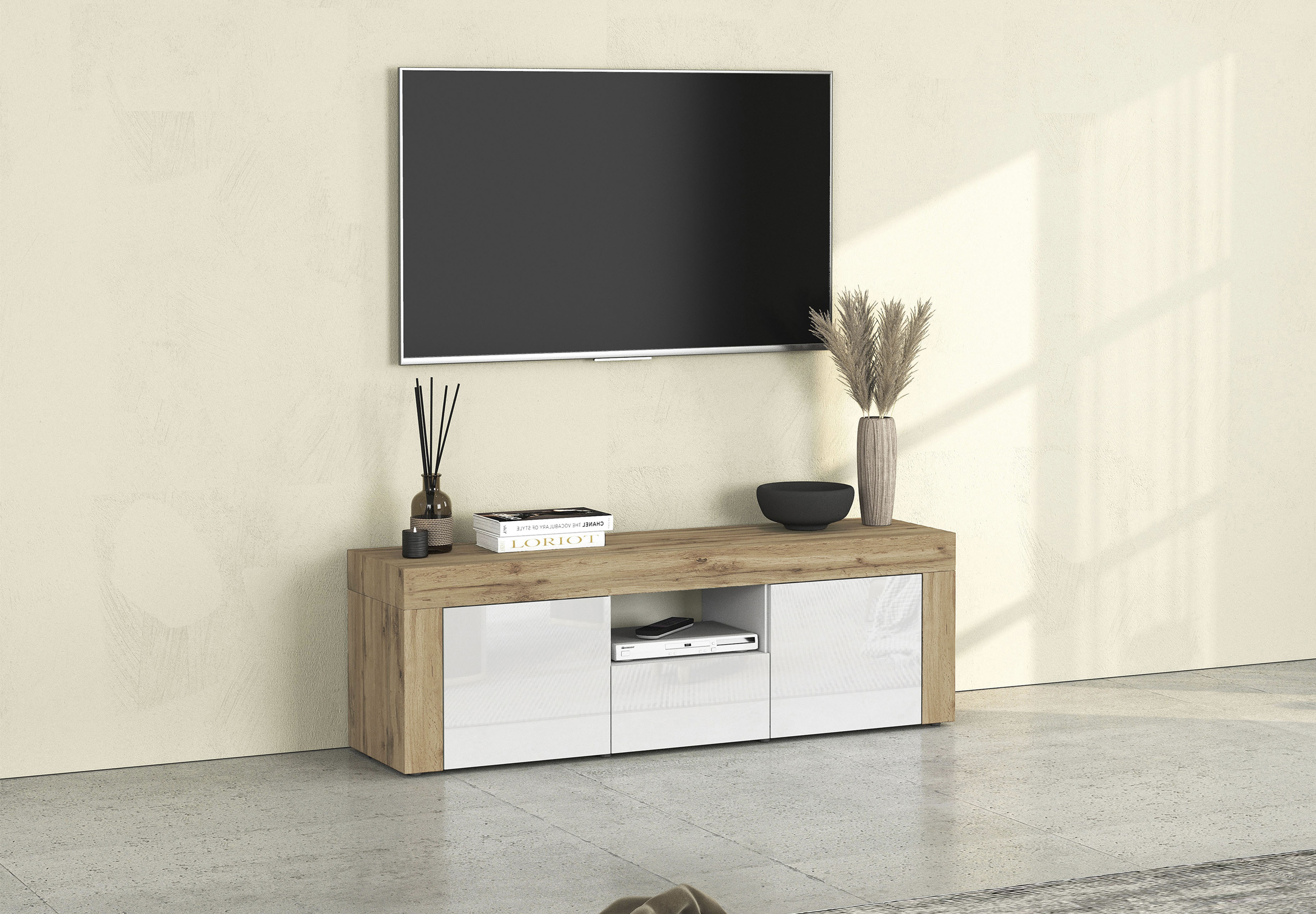 Lowboard INOSIGN "CHRONOS Breite 155 cm mit 2 Türen, 1 Schublade,1 offenes Fach", weiß (weiß hochglanz, eiche wotan), B:155cm H:50cm T:40cm, FSC-zertifizierter Holzwerkstoff, Sideboards, TV-Board, Sideboard niedrig, Grifflos mit Push to Open 'Made...