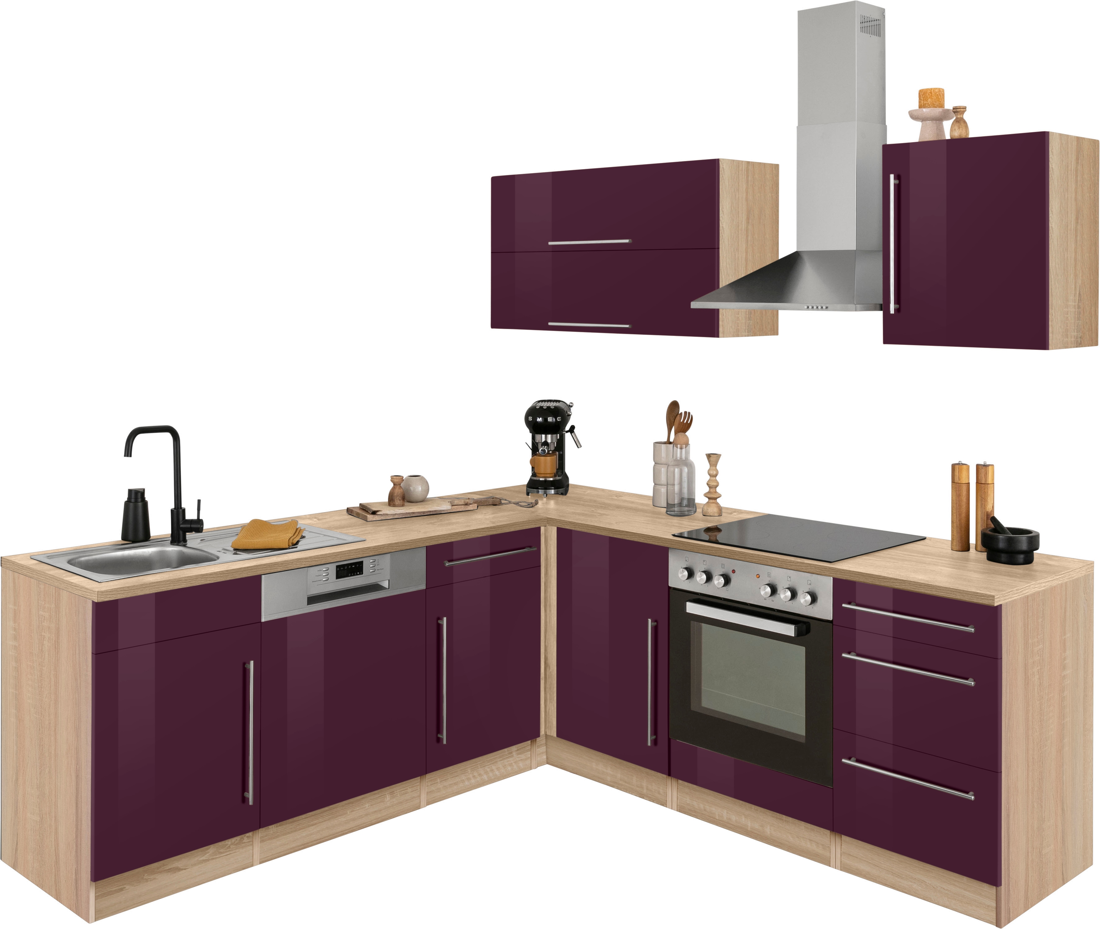 Winkelküche KOCHSTATION "KS-Samos", lila (küche: lila, front: aubergine hochglanz, korpus: eiche sonoma, arbeitsplatte: eiche sonoma), B:220cm H:200cm T:60cm, Komplettküchen-Sets, L-Küche, Stellbreite 220x220 cm, wahlweise mit E-Geräten, mit... Image