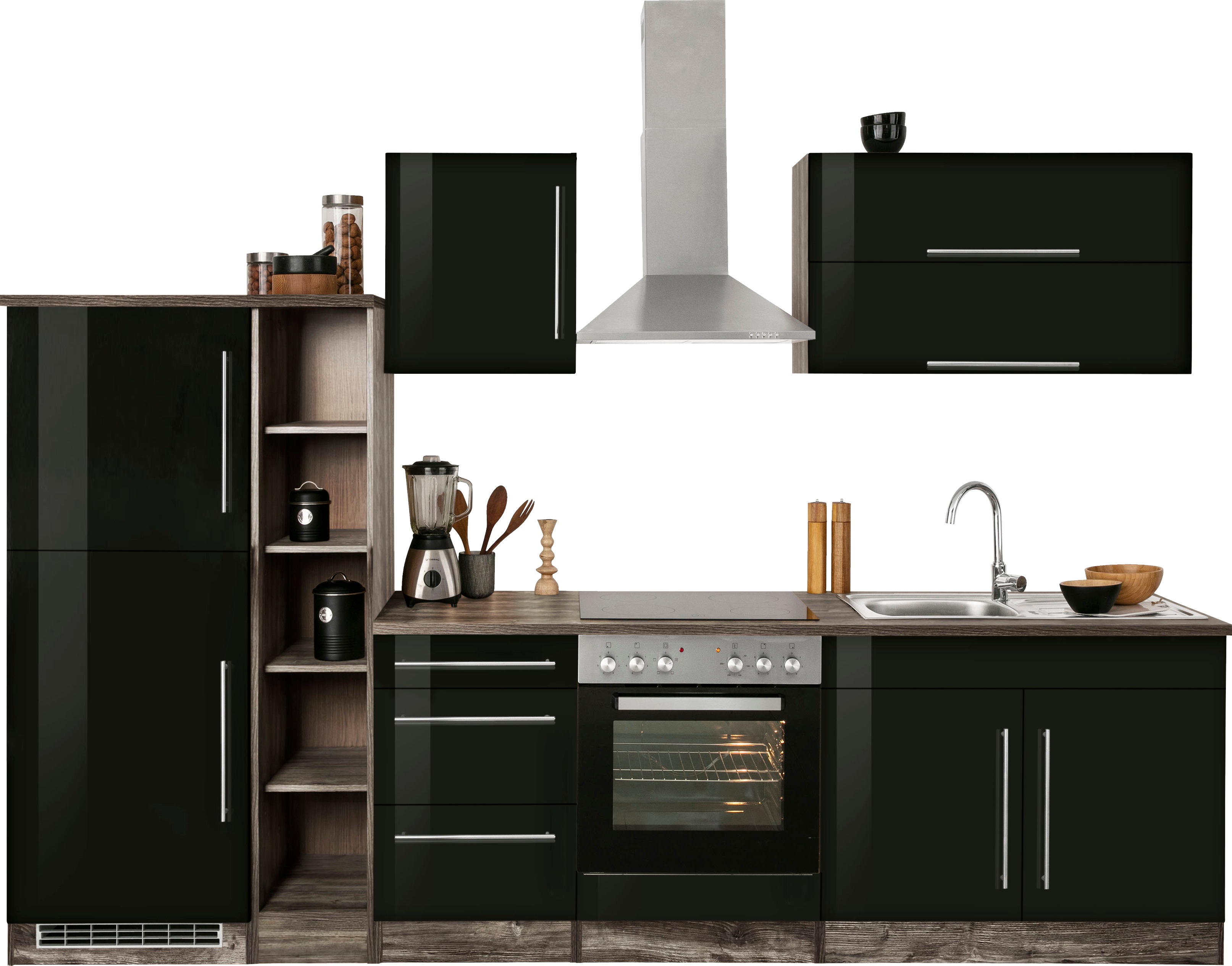 Küchenzeile KOCHSTATION "KS-Samos", schwarz (küche: schwarz, front: schwarz hochglanz, korpus: eiche vintage, arbeitsplatte: eiche vintage), B:300cm H:200cm T:60cm, Komplettküchen-Sets, Küchenzeile, Breite 300 cm, wahlweise mit E-Geräten, mit... Image