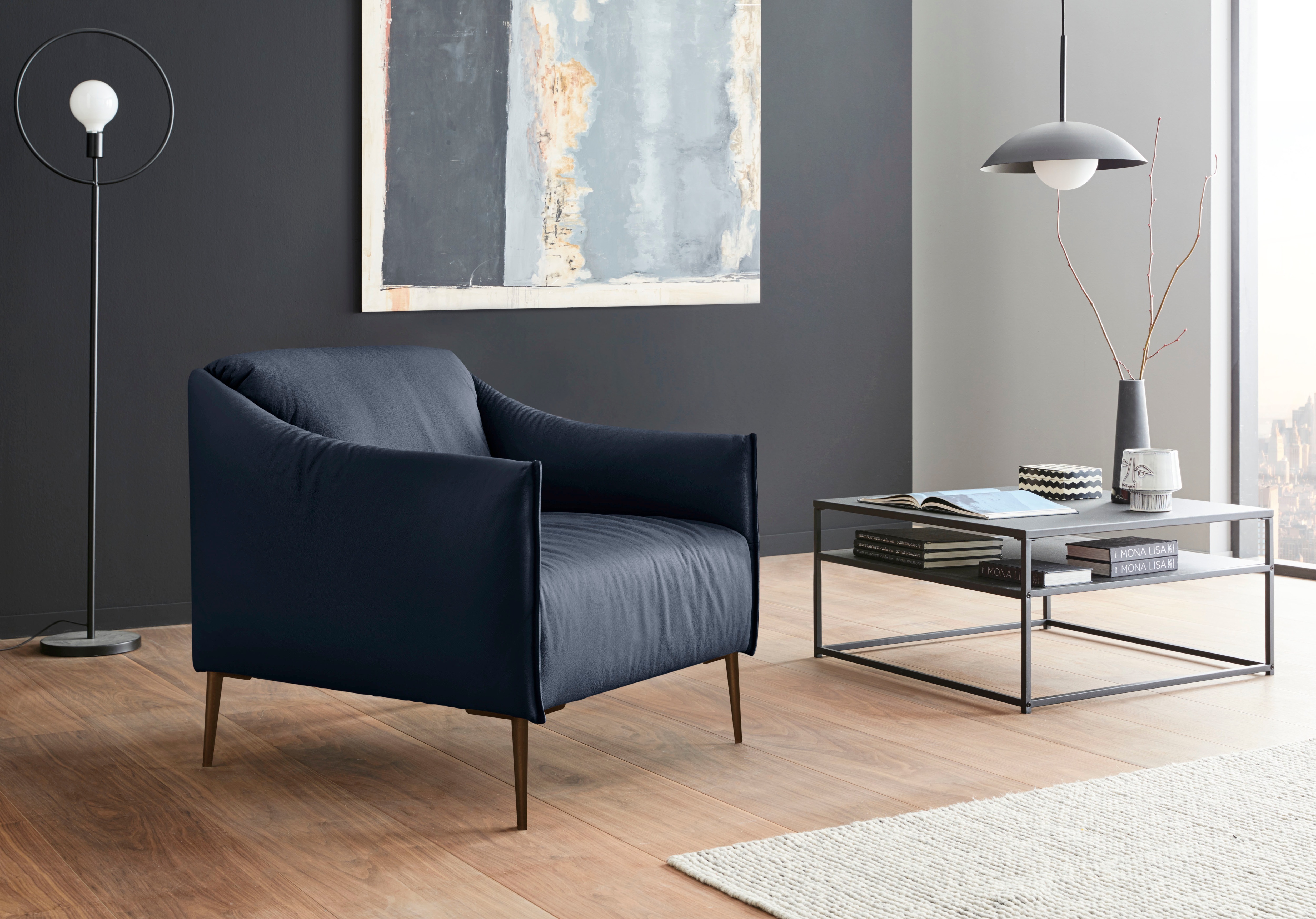 Cocktailsessel W.SCHILLIG "sally", blau (blau z59), B:84cm H:78cm T:84cm, Longlife Xtra-Leder Z59: Glattleder mit modischer Prägung. Hautstärke 0, 9 - 1, 1 mm., Sessel, mit Metallfüßen in Bronze pulverbeschichtet