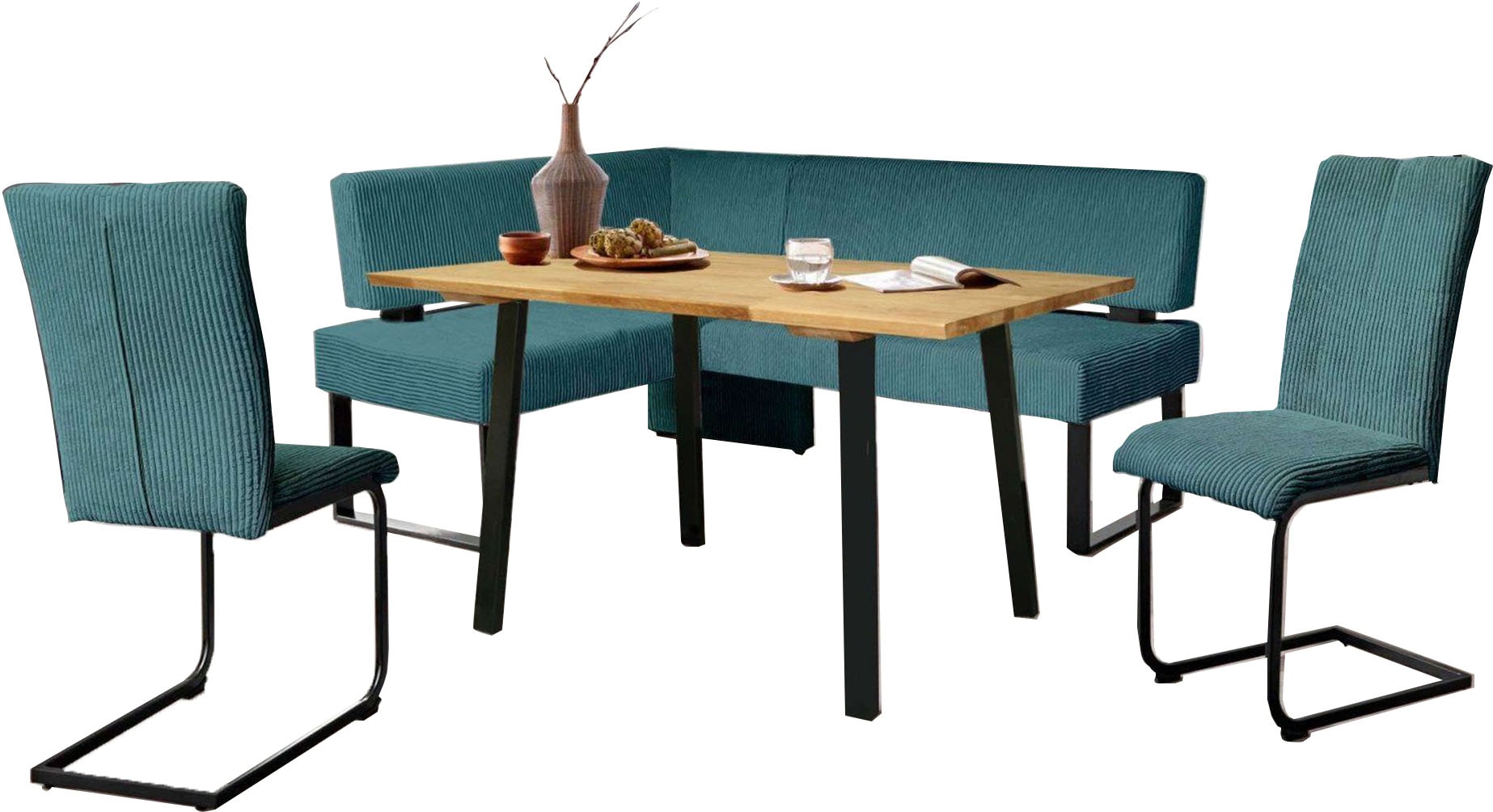 Eckbankgruppe OTTO HOME "Oliver", weiß (moonbeam, schwarz), B:180cm H:89cm T:140cm, FSC-zertifizierter Holzwerkstoff, FSC-zertifiziertes Massivholz, Metall, Polyester, Sitzmöbel-Sets, Eckbankgruppe, Eckbank mit Wellenunterfederung im Sitz, Tisch...