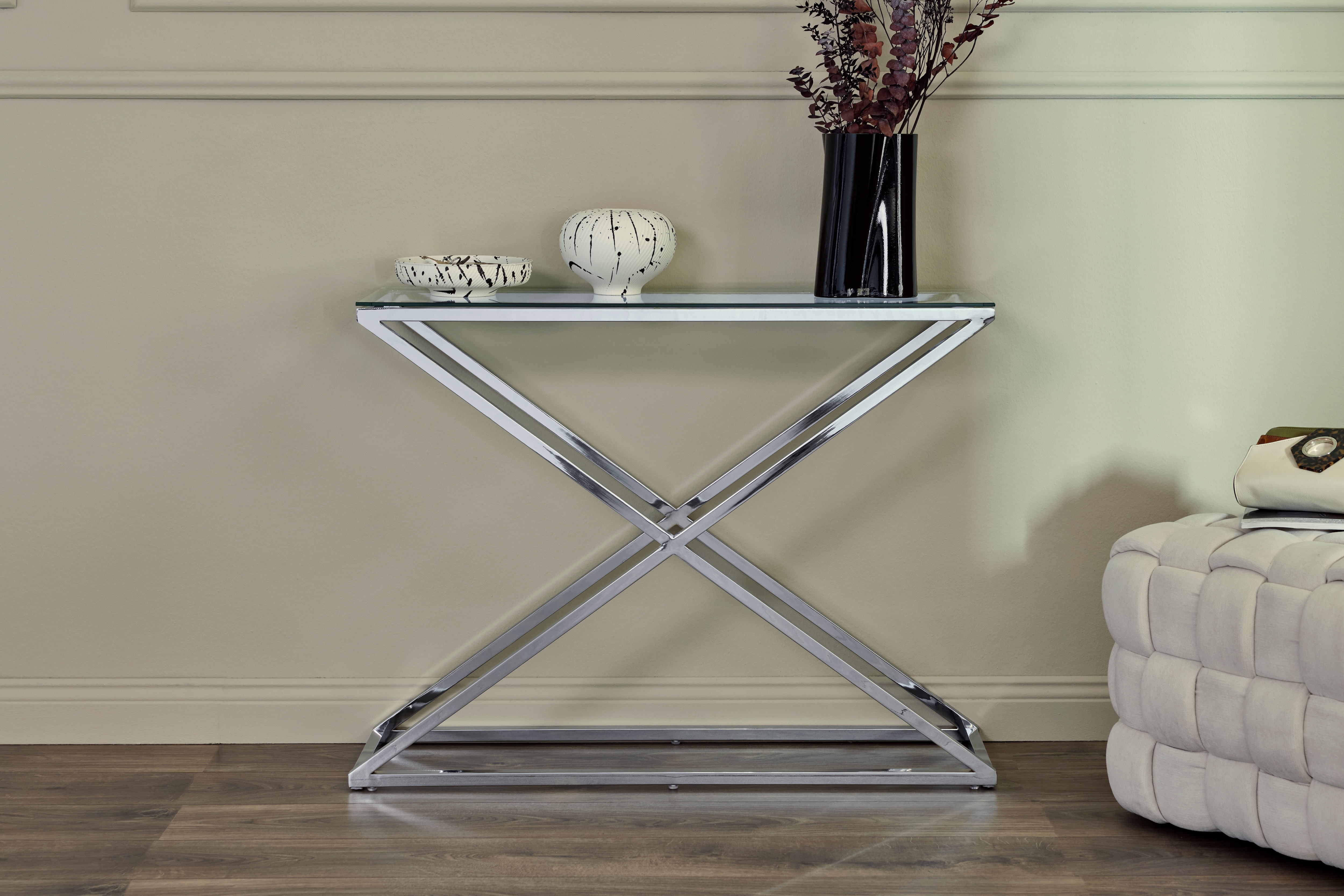 Konsolentisch JAHNKE "XTRA CONSOLE", silber (klarglas, chrom, chromfarben, klarglas), B:100cm H:76cm T:30cm, Tische, Konsole/Beistelltisch in Gold-Look, aus Sicherheitsglas gefertigt