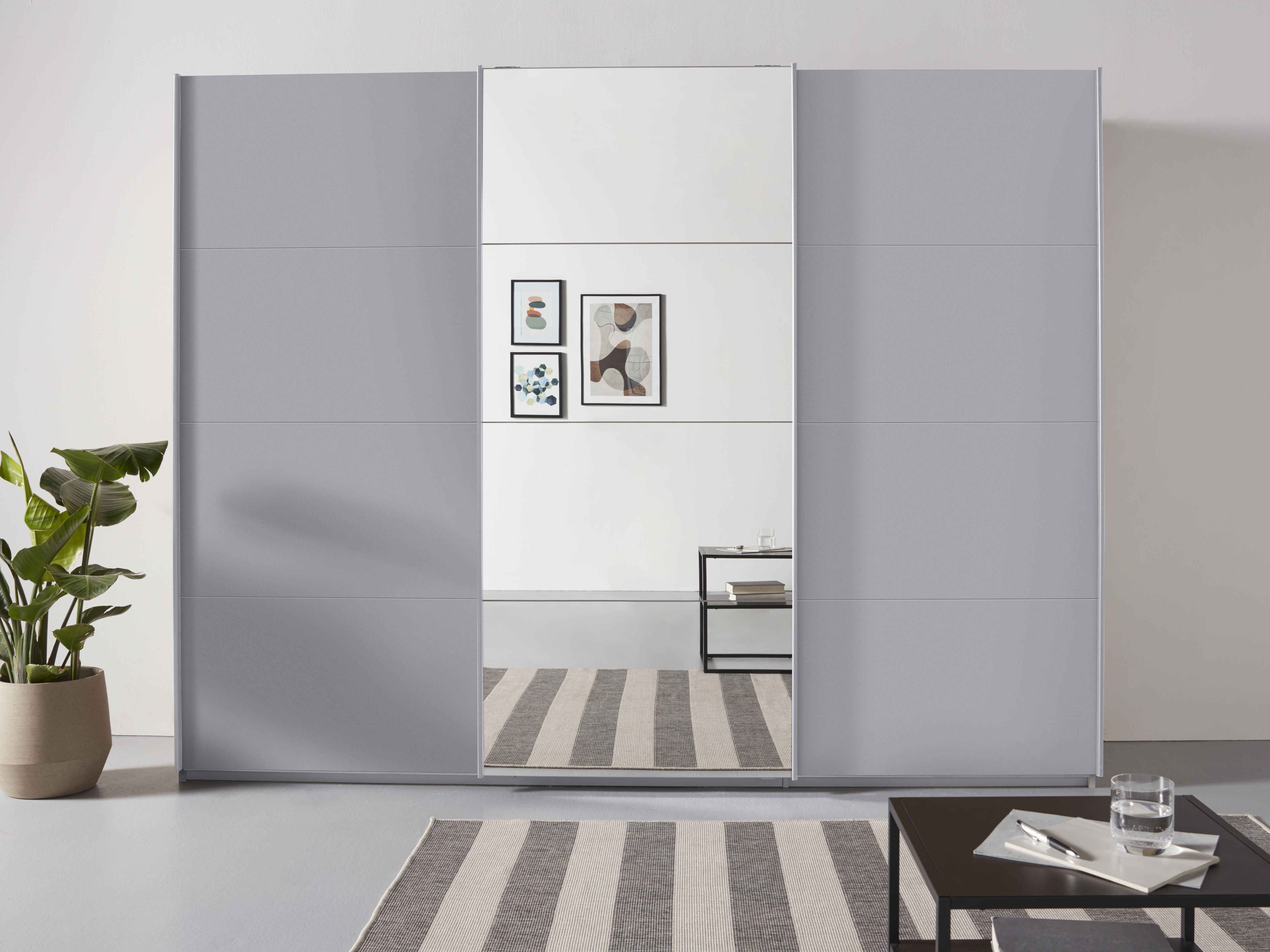 Schwebetürenschrank RAUCH "Kleiderschrank Schrank Garderobe TOPSELLER OTELI inkl. Inneneinteilung", grau (seidengrau), B:271cm H:210cm T:62cm, Holzwerkstoff, Schränke, mit 3 Innenschubladen sowie zusätzlichen Einlegeböden MADE IN GERMANY Image