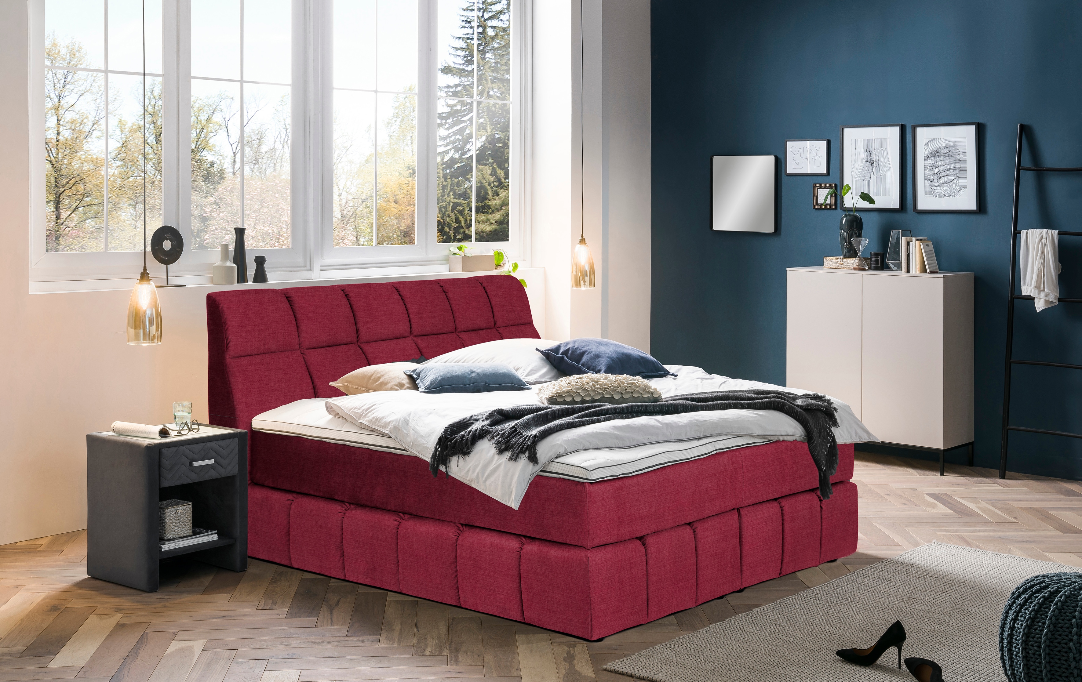 Boxspringbett PLACES OF STYLE "Paxton", rot (coral), Flachgewebe LEINENOPTIK Polyester Topper Premium pro, Liegefläche B/L: 160cm x 200cm Betthöhe: 55cm, Gewicht bis: 120 kg + 120 kg H4 + H4, 7-Zonen-Taschen-Federkernmatratze, Komplettbetten,... Image