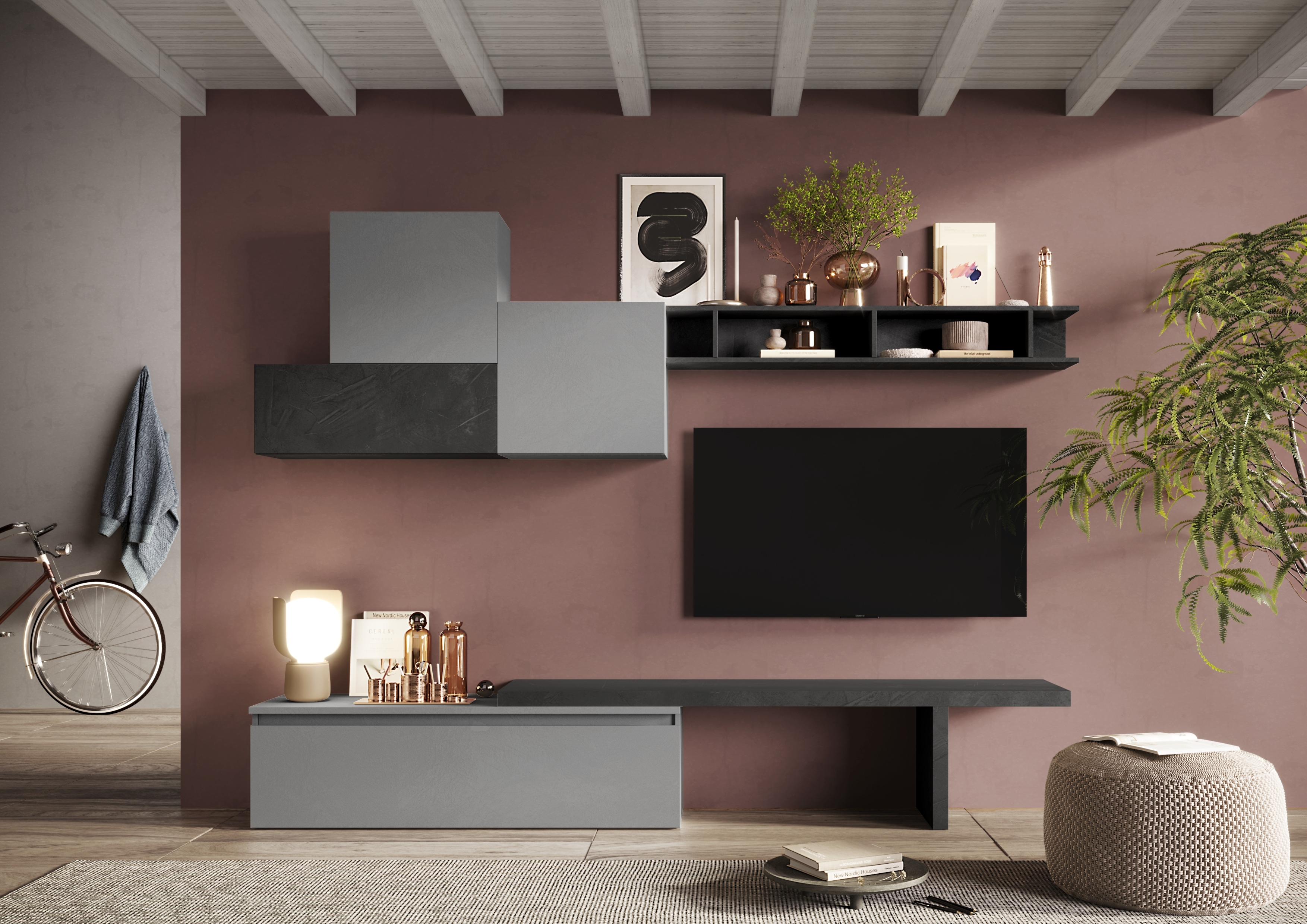 Wohnwand INOSIGN "Infinity, 6tlg. Breite 262 cm, Höhe variabel, Schrankwand, Anbauwand", grau (steingrau (ardesia), bleigrau (piombo)), B:262cm H:189cm T:40cm, Kastenmöbel-Sets, Wohnwand, (Lowboard, T-Boden, Hängeschrank, 2x Hängewürfel, Wandregal)