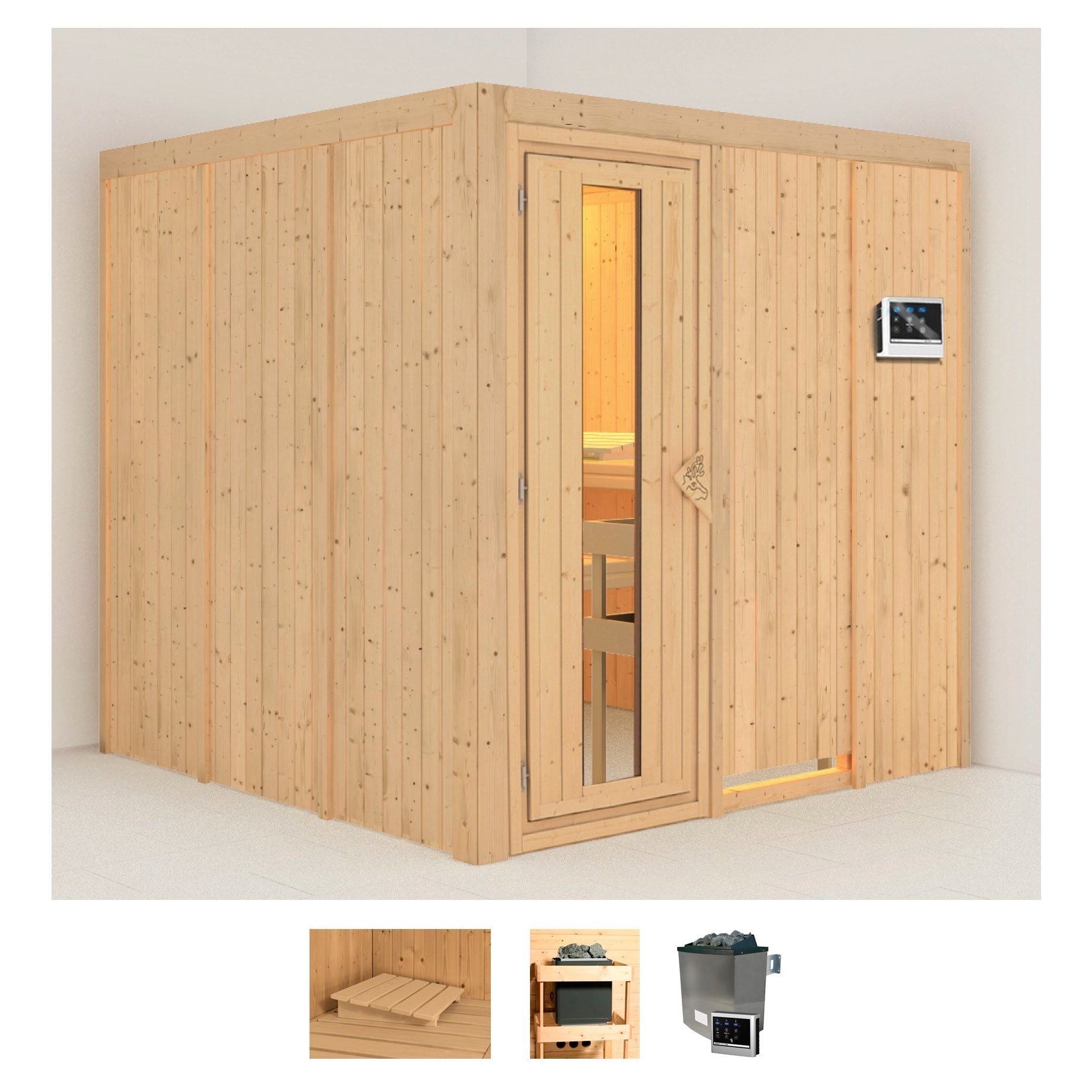 Sauna KARIBU "Rodin", beige (naturbelassen), Saunaofen, externe Steuerung, 9 kW, Saunen, Ofen 9 KW externe Strg easy