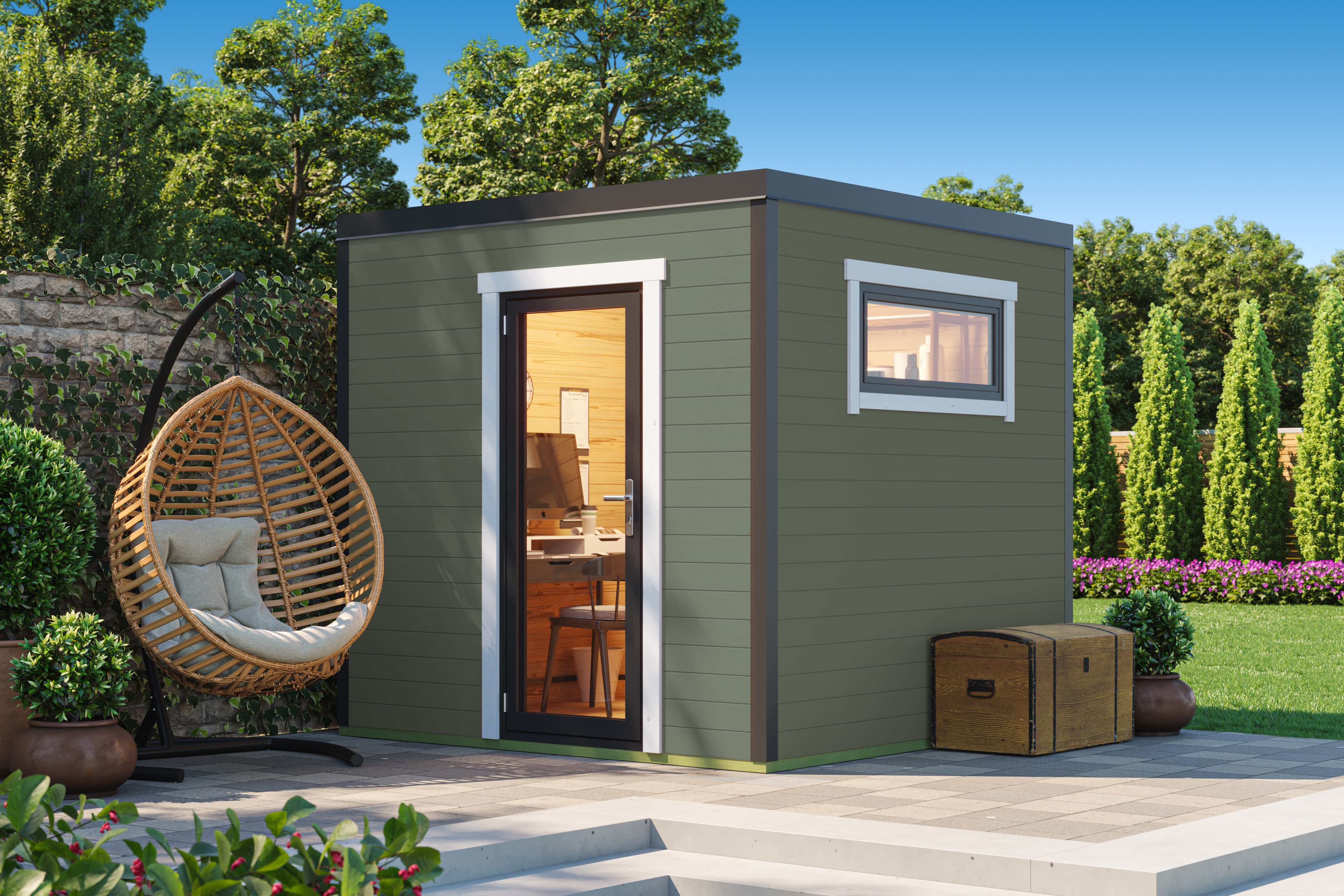 Gartenhaus NORDIC HOLZ "SARDINIA 1", grün (grüngrau), Fußboden im Gartenhaus, Massivholzdach, Holz, Gartenhäuser, Gartenhaus