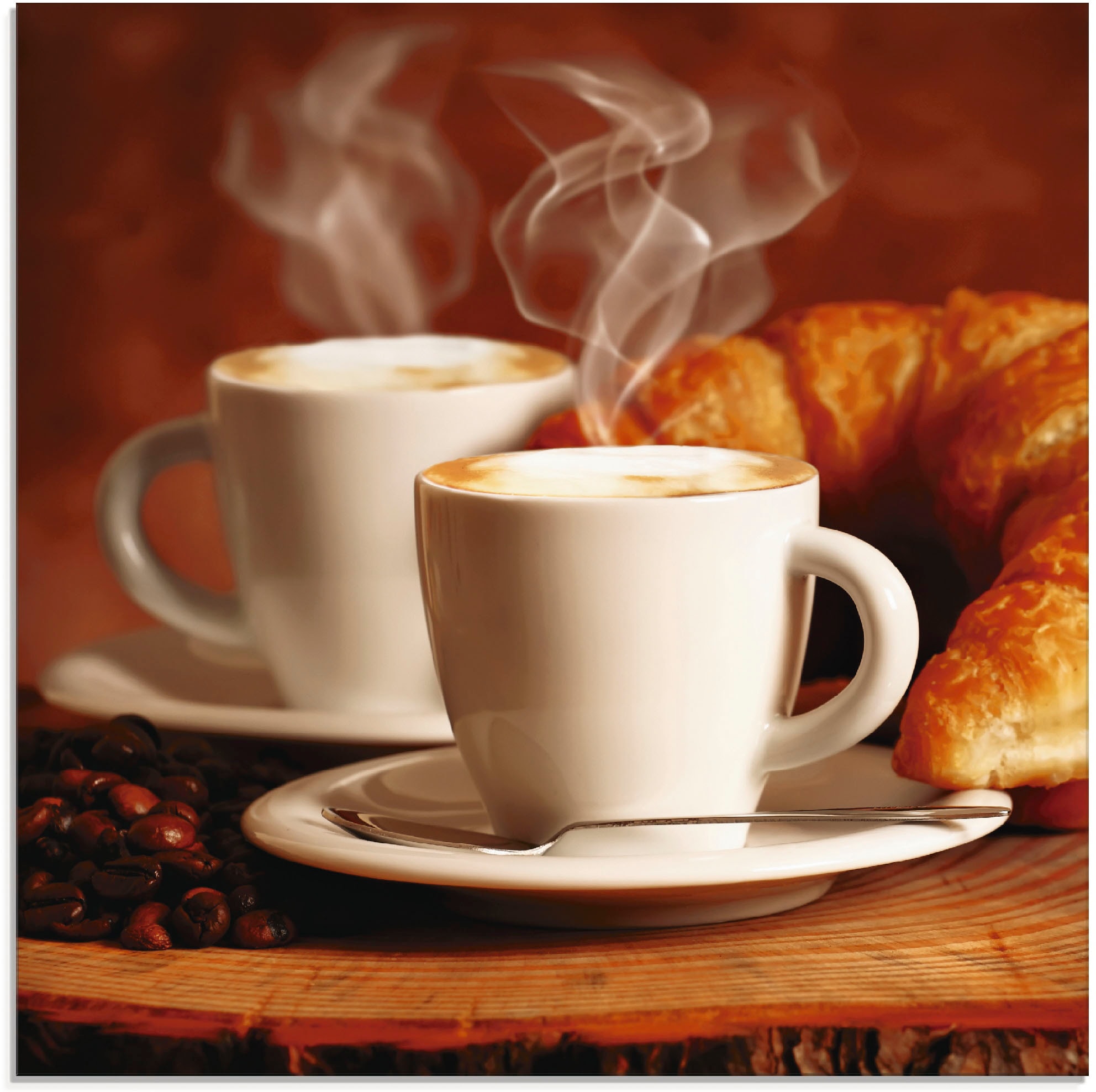 Glasbild ARTLAND "Dampfender Cappuccino und Croissant", braun (farbe bild(er): braun), B:30cm H:30cm, Bilder, in verschiedenen Größen Image