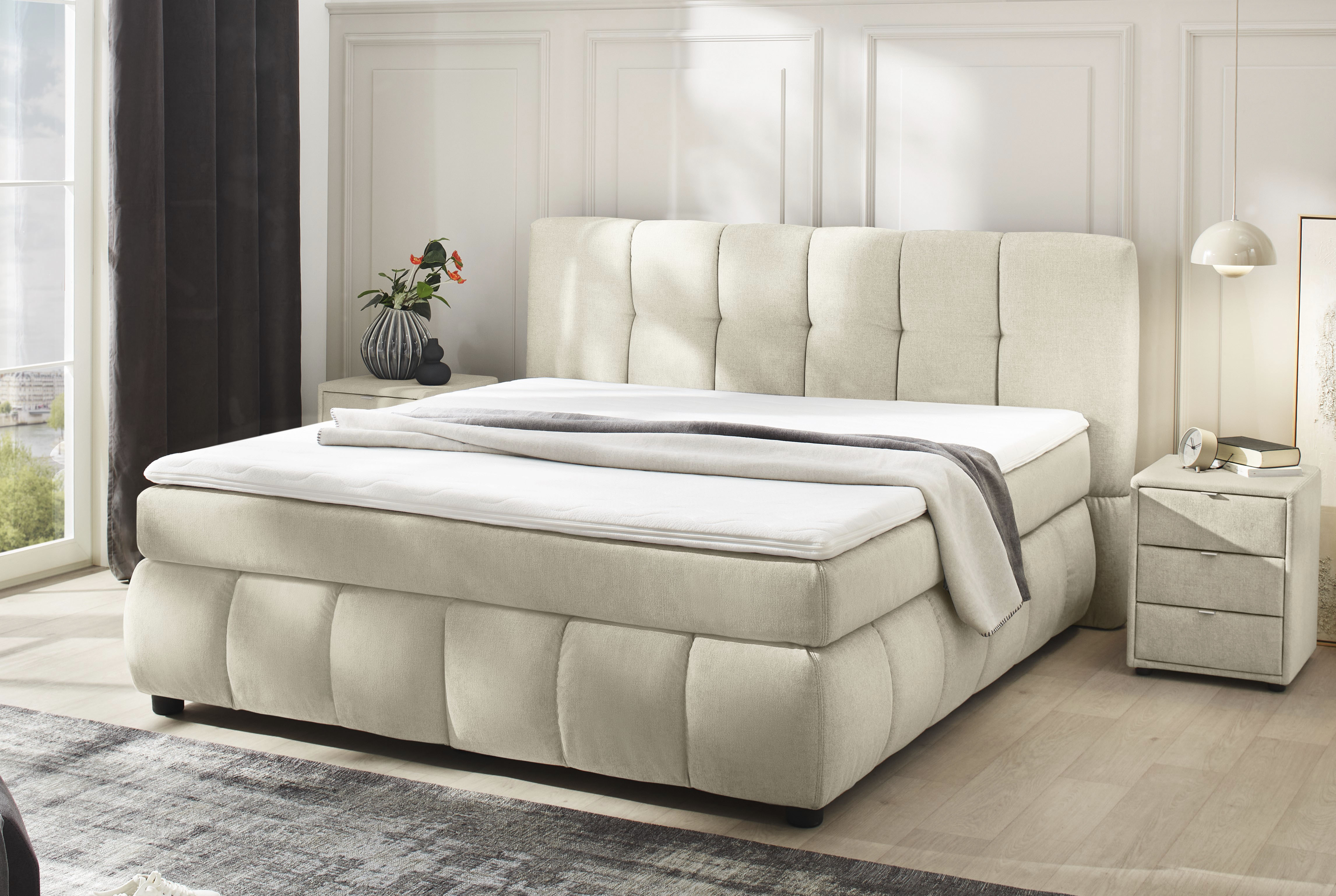 Boxspringbett JOCKENHÖFER GRUPPE "Cora", transparent (beige 438, 07), B:201cm L:219cm, Bezug Bett: Flachgewebe (100% Polyester);Topper und Matratzenspiegel: 100% Polyester, Komplettbetten, Wende-Bonell-Federkern-Matratze (H2/H3), PU-Schaum Topper