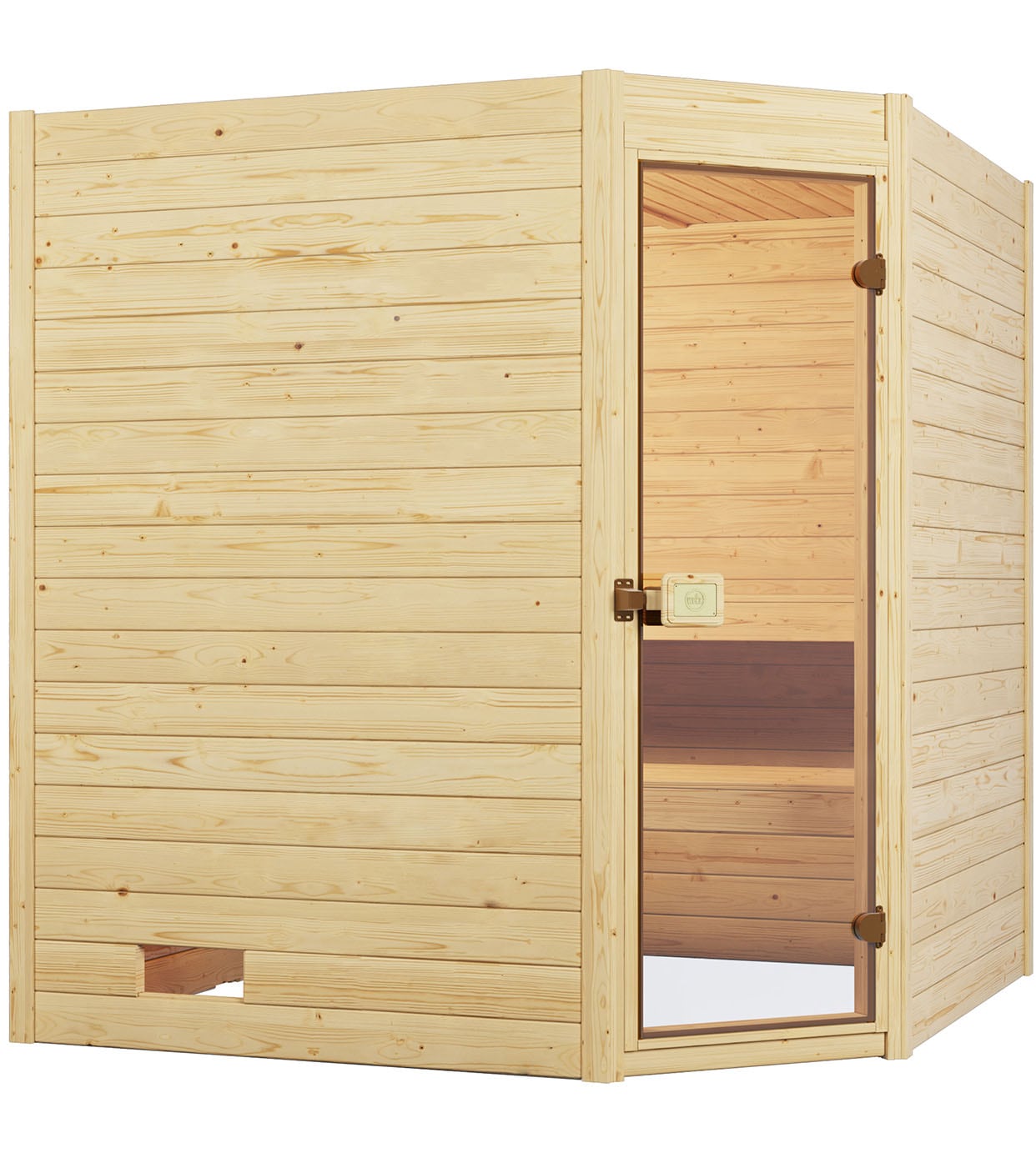 Sauna WEKA "Massivholzsauna VALIDA Eck 1.8", beige (natur), Bio-Ofen, externe Steuerung, 4,5 kW, Saunen, Blockbohlen, Eckeinstieg, moderne Ganzglastür