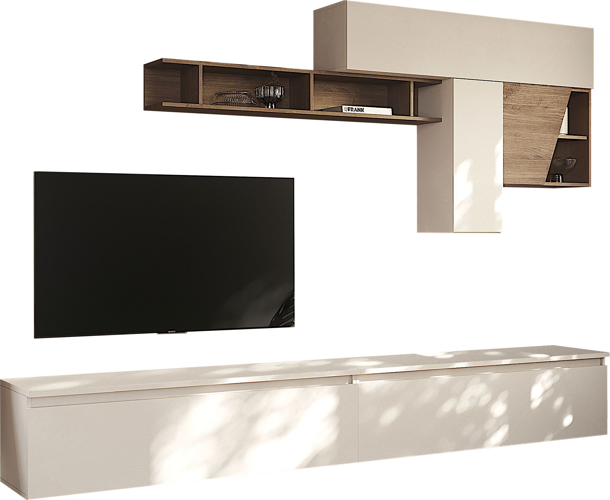 Wohnwand INOSIGN "Infinity, 6tlg. Breite 276 cm, moderne Mediawand", cashmere, mercure nb holzstruktur, B:276cm H:210cm T:40cm, Kastenmöbel-Sets, (2x Lowboard, 2x Hängeschrank, Hängewürfel, Wandregal)