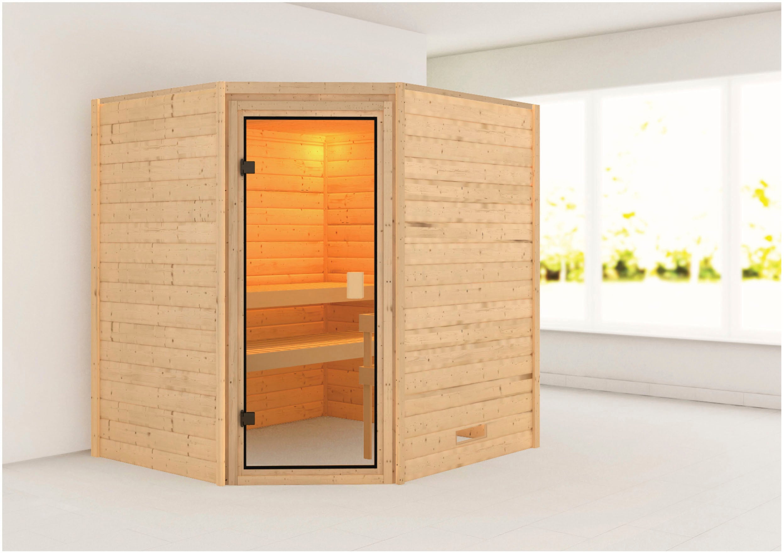 Sauna KARIBU "Mia (Fronteinstieg)", beige (naturbelassen), (ohne Ofen), Saunen, inklusive Ofenschutzgitter und Tür Image