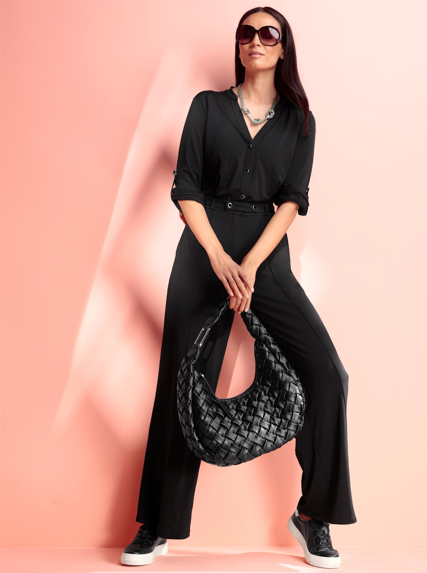 Jumpsuit HEINE, Damen, Gr. 48, Normalgrößen, schwarz, 95% Polyester, 5% Elasthan, unifarben, lang, Overalls Jumpsuit