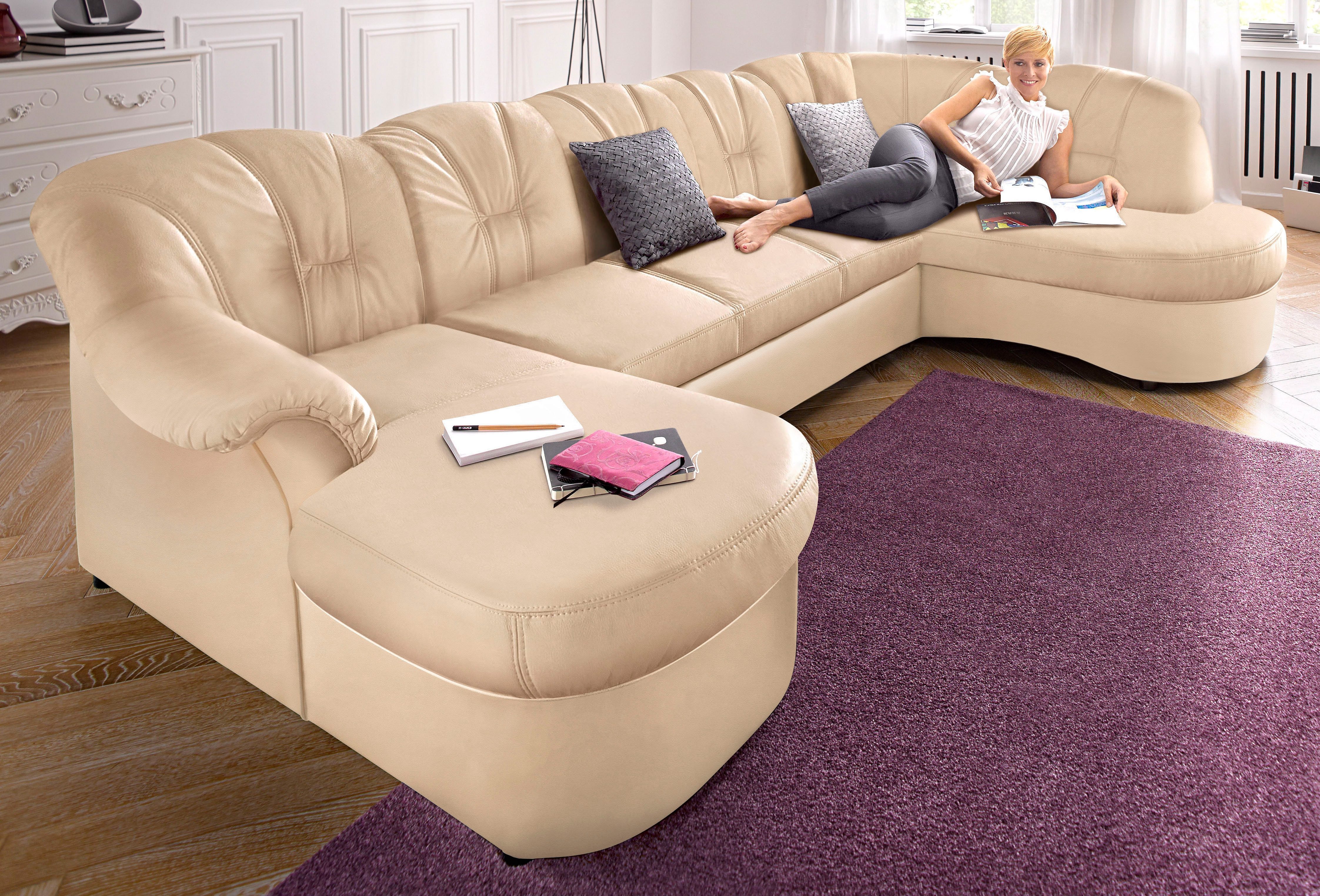 Wohnlandschaft DOMO COLLECTION "Flores auch in Leder-Bezug, B/T/H: 293/180/86 cm, U-Form", beige (creme), B:293cm H:84cm T:182cm, NaturLEDER (echtes Rindsleder) in Sitz und Rücken. Korpus in passendem Kunstleder SOFTLUX bezogen;Microfaser PRIMABELLE...