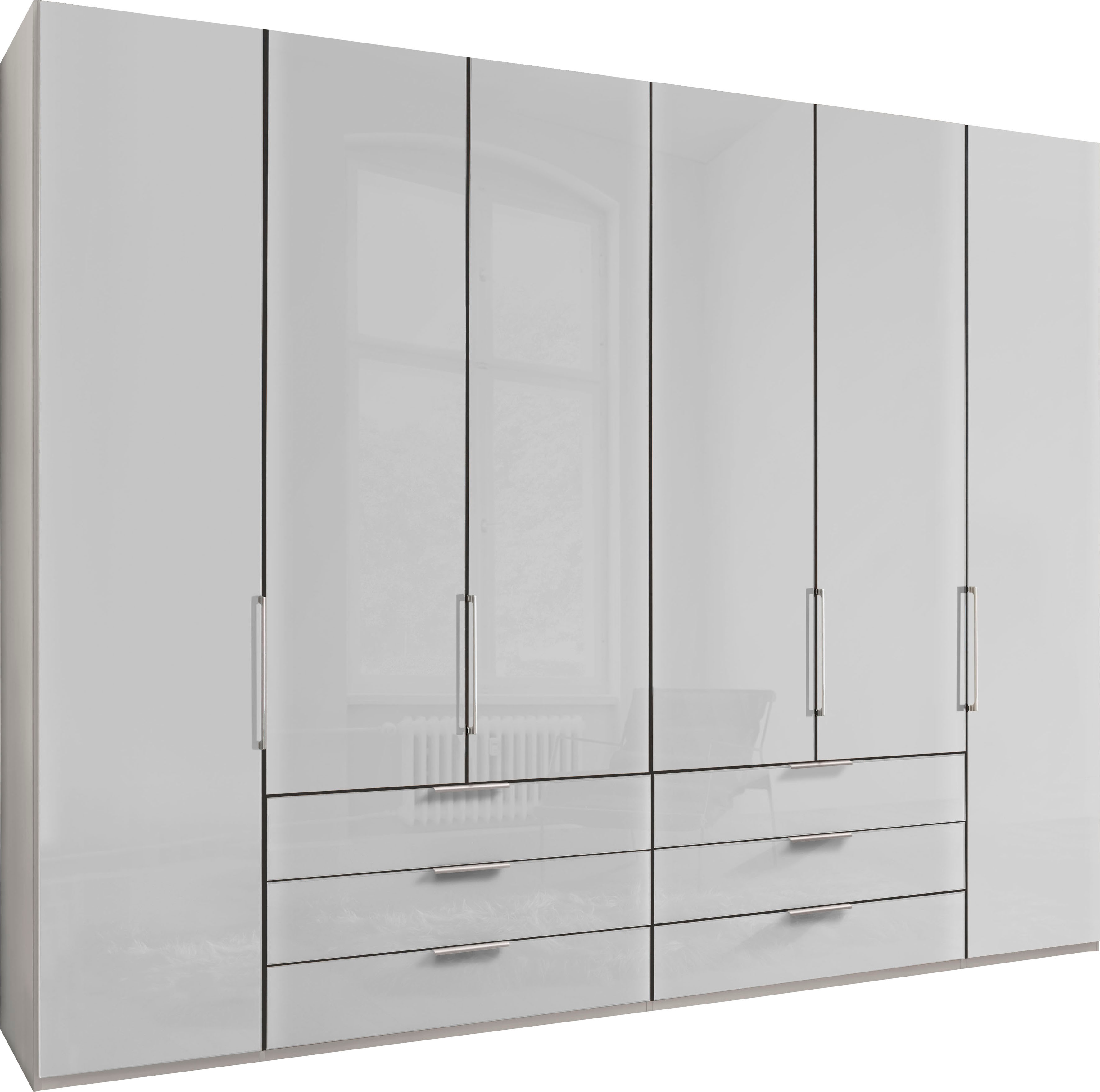 Falttürenschrank WIEMANN "Monaco, Kleiderschrank, Schrank, Wäscheschrank, mit edler Glasfront", weiß (weiß, glas weiß), B:295,3cm H:216cm T:58cm, Floatglas, Holzwerkstoff, Schränke, Kleiderschrank Drehtürenschrank, inkl. gepämpften Schubkästen und...