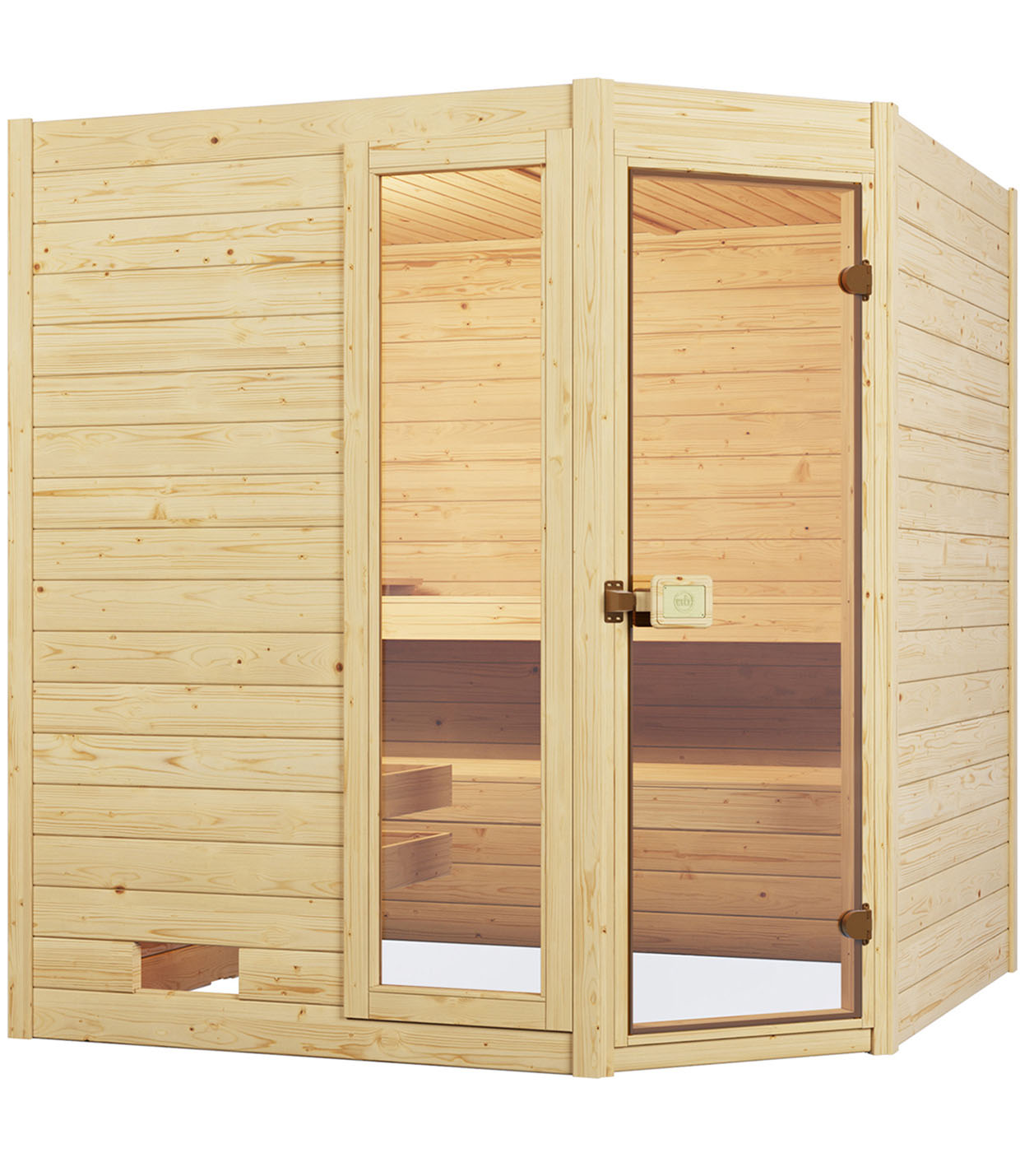 Sauna WEKA "Massivholzsauna VALIDA Eck 2", beige (natur), Saunaofen, integrierte Steuerung, 9 kW, Saunen, Blockbohlen, Fensterelement, moderne Ganzglastür