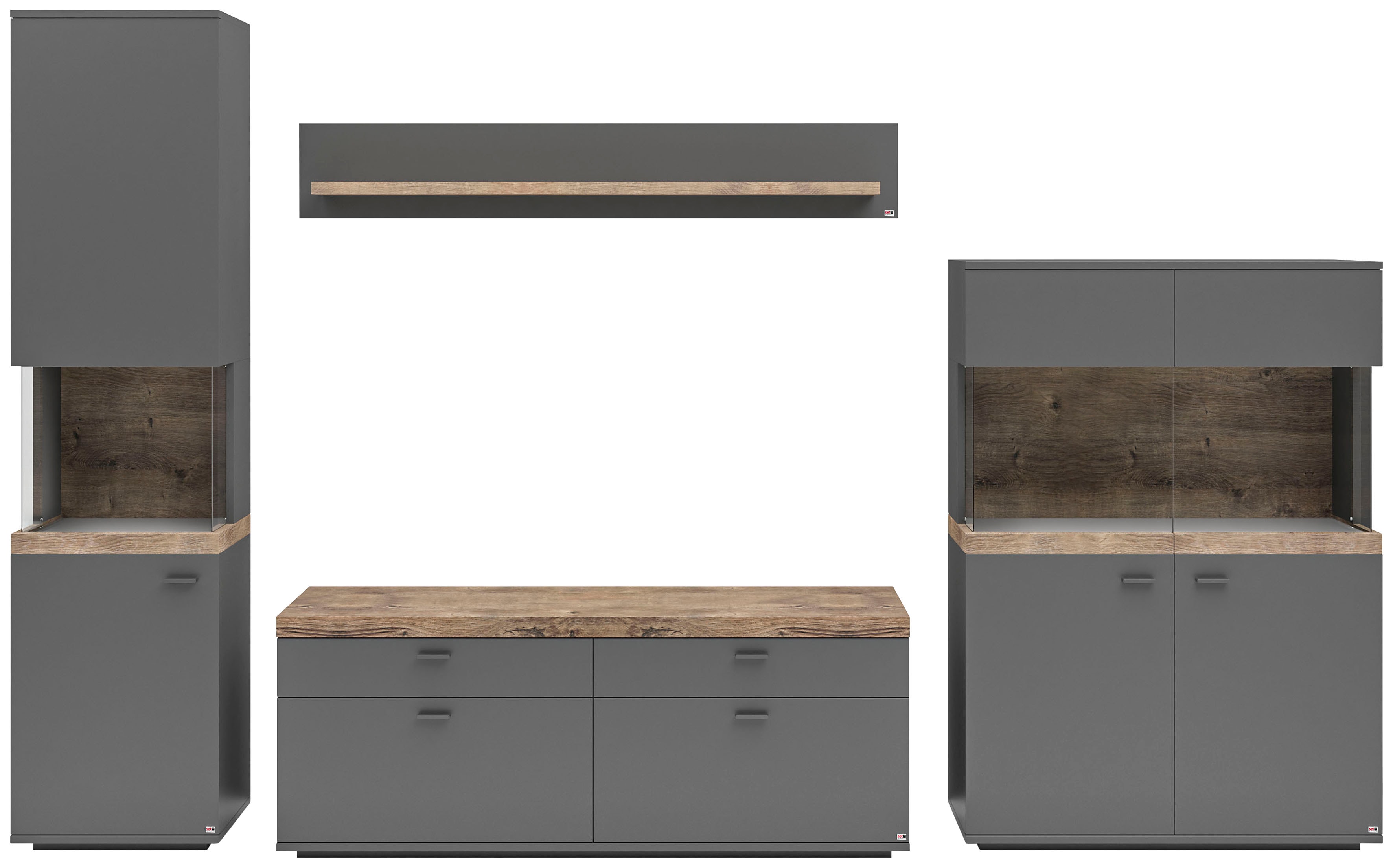 Wohnwand "Lancaster", grau (grau mit eiche ribbeck cognac), B:320,3cm H:206,2cm T:43,6cm, SET ONE BY MUSTERRING, Kastenmöbel-Sets, 4-teilig mit Fronten in weiß oder grau, Breite ca.320cm
