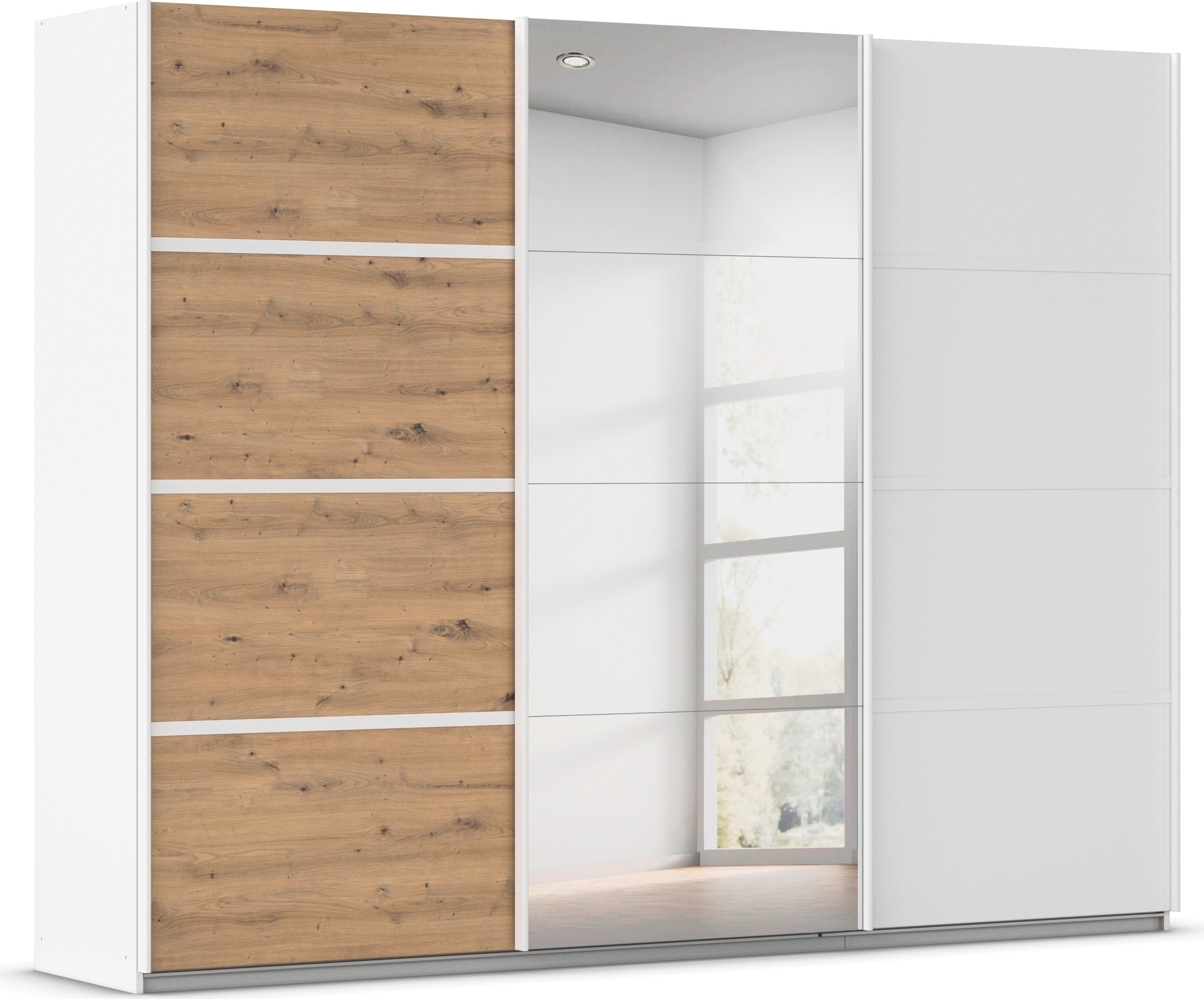Kleiderschrank RAUCH "Schwebetürenschrank OTTO´s Choice Garderobe Schrank TOP ANGEBOT Avola", weiß (alpinweiß, eiche artisan, leisten weiß), B:271cm H:210cm T:62cm, Holzwerkstoff, Schränke, Kleiderschrank, mit eleganten Zierleisten in Chrom, Schwarz... Image