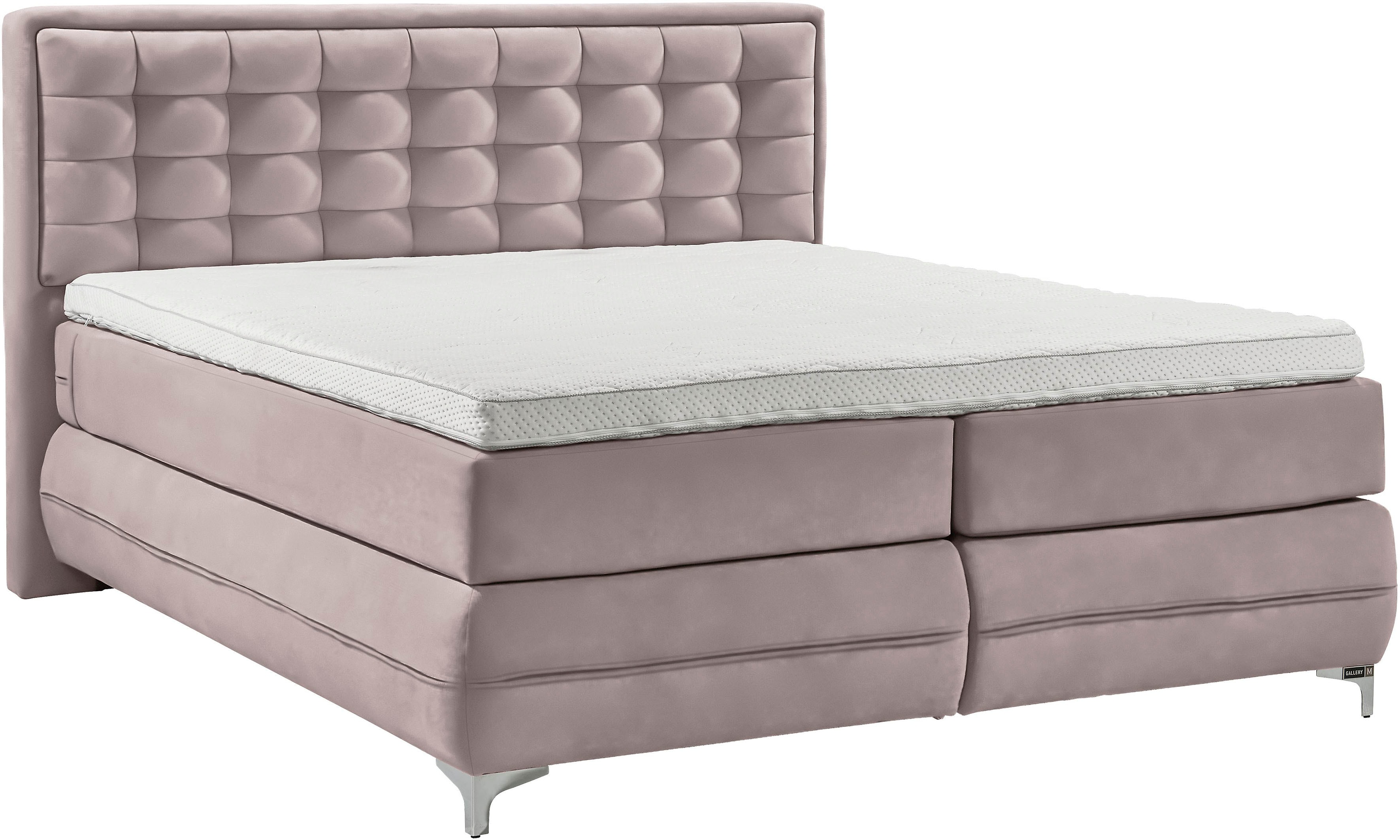 Boxspringbett MUSTERRING "Dubai", lila (d 531 flieder), B:217cm L:214cm, Komplettbetten, Boxspringbett, Winkelfuß in Chrom, 3 Härtegrade, Kopfteil in Kassettensteppung Image