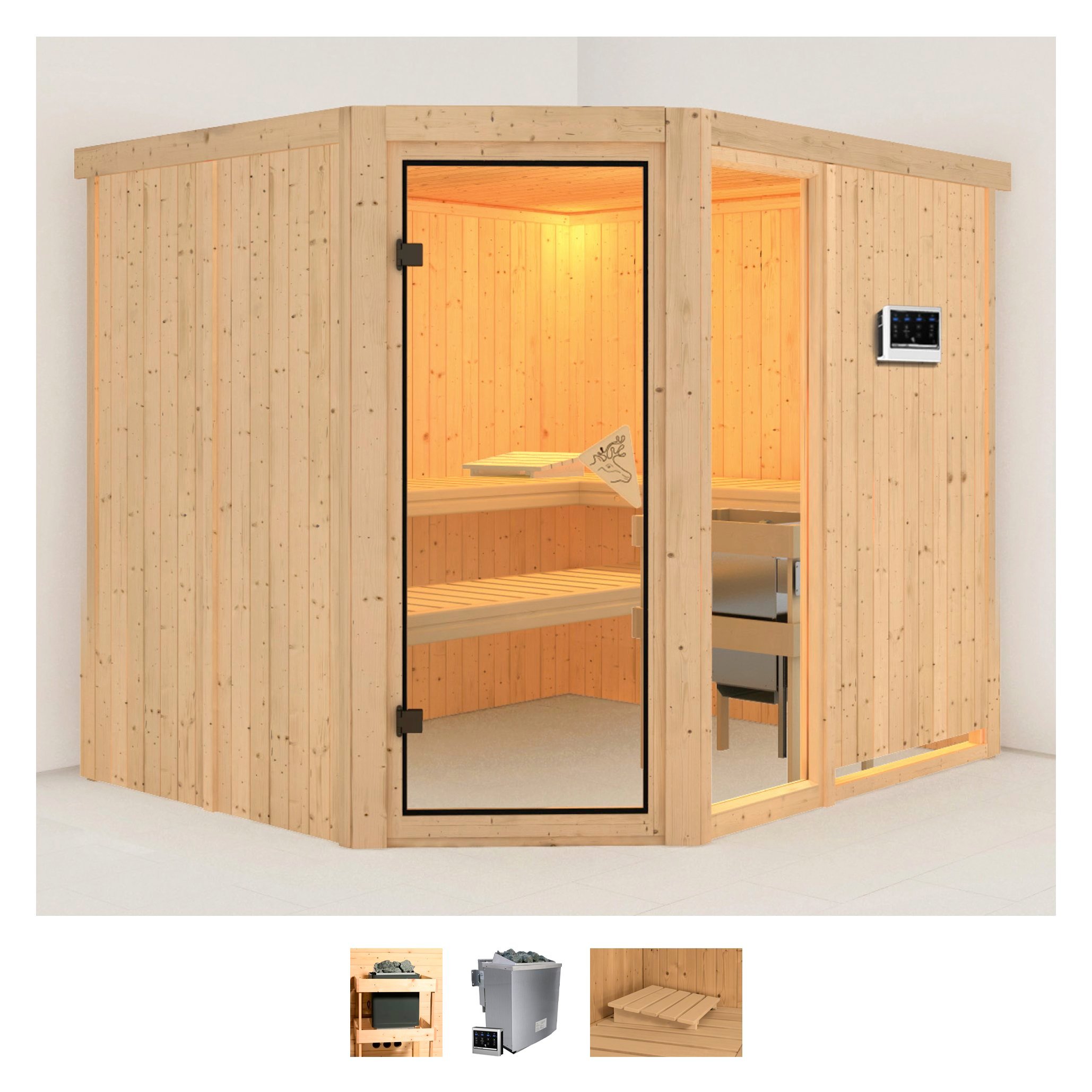 Sauna KARIBU "Frigga 3", beige (naturbelassen), Bio-Kombiofen, externe Steuerung, 9 kW, Saunen, 9-kW-Bio-Ofen mit externer Steuerung Image