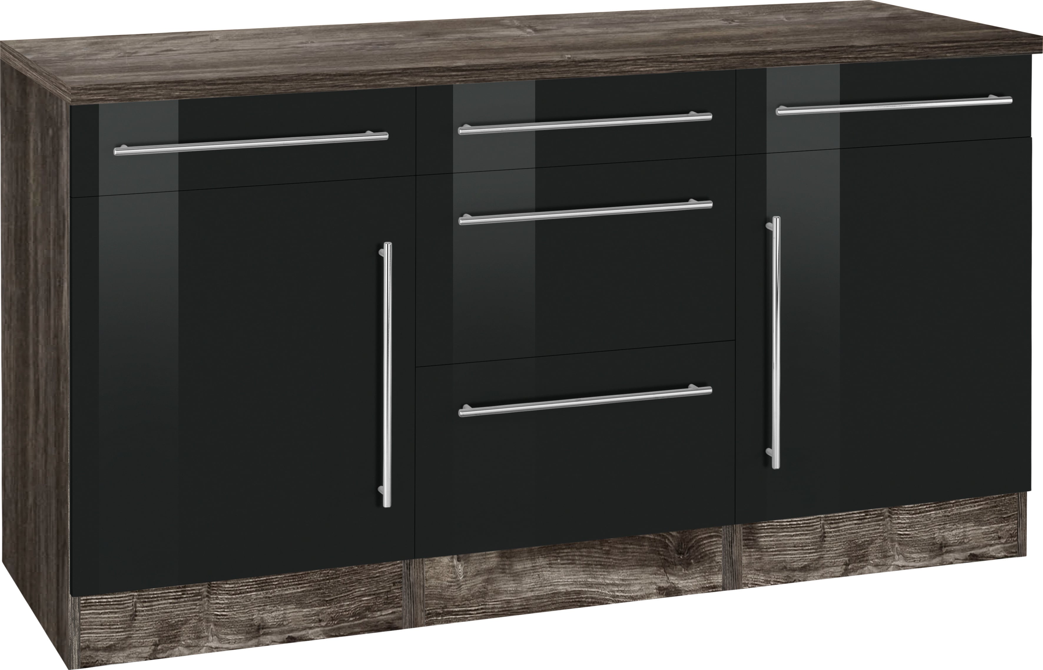 Unterschrank KOCHSTATION "KS-Samos", schwarz (schwarz hochglanz), B:150cm H:85cm T:60cm, Holzwerkstoff, Schränke, Küchenunterschrank, Breite 150 cm Image