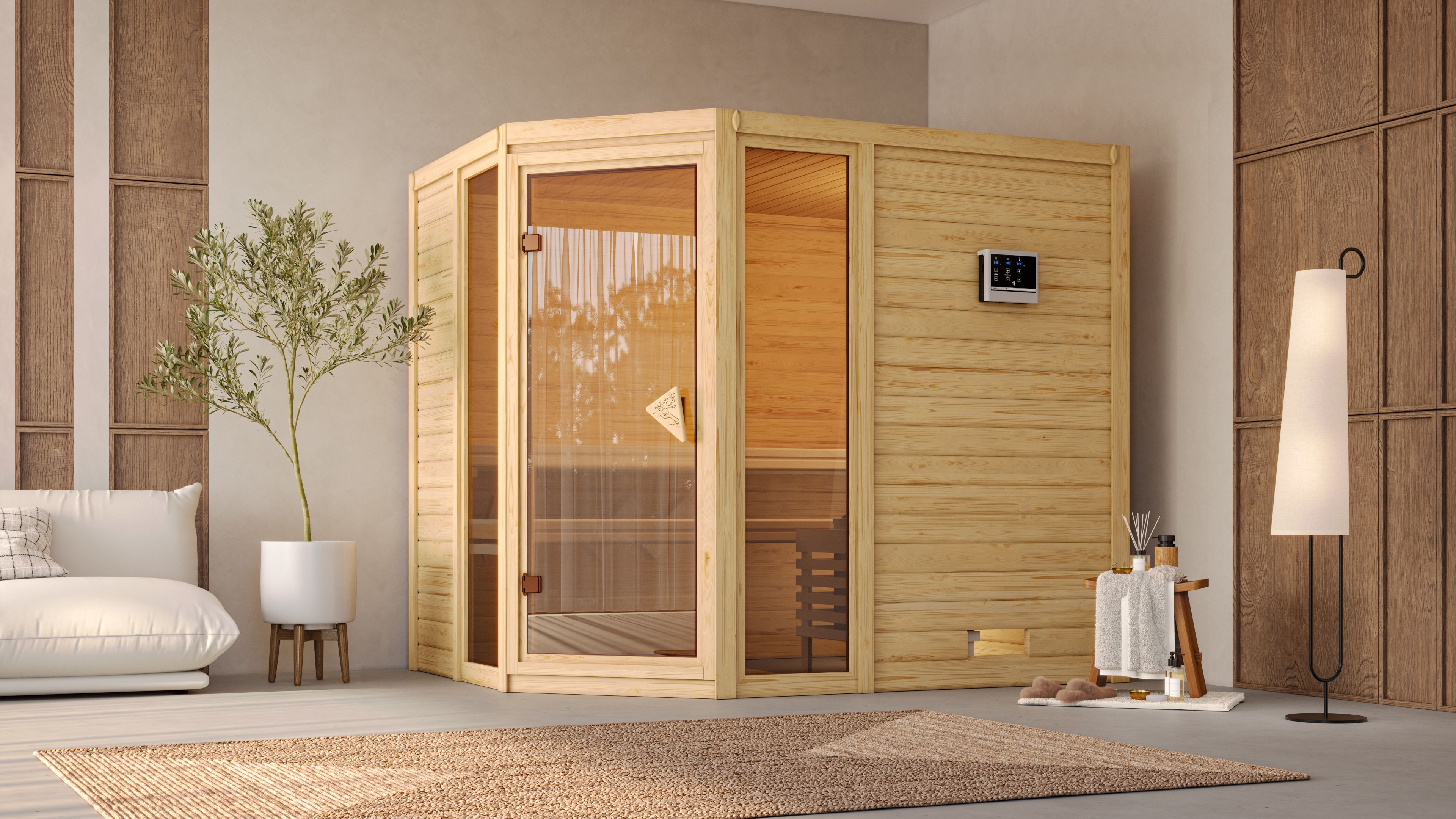 Sauna KARIBU "Sina 3", beige (naturbelassen), ohne Ofen, (ohne Ofen), Saunen, ohne Ofen
