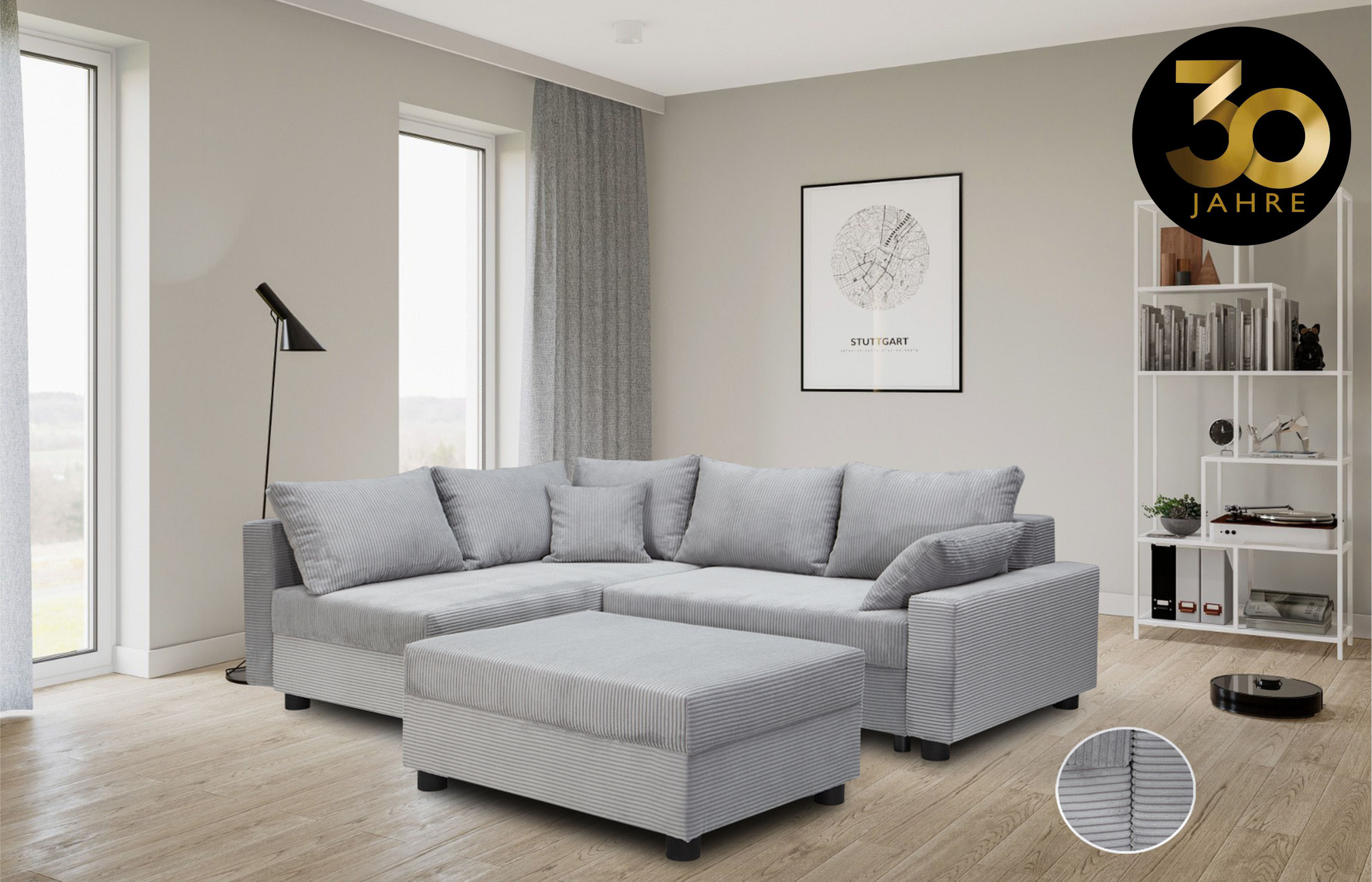 Ecksofa COLLECTION AB "Parma L-Form", grau (hellgrau), B:224cm H:42cm T:161cm, 100%Polyester, Sofas, Ecksofa, mit Schlaffunktion und Bettkasten, inklusive Kissen, Bonellfederkern, Topseller