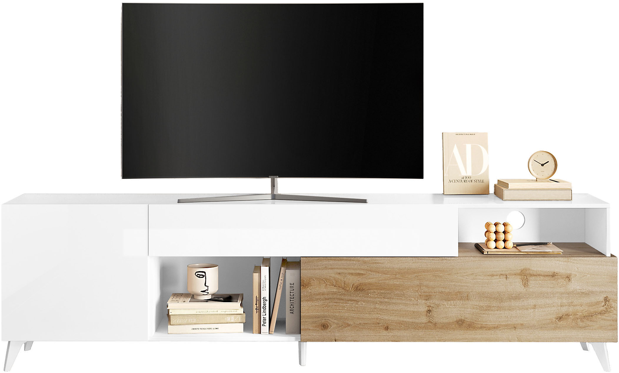 Lowboard INOSIGN "Monaco in Breite 241 cm, TV-Schrank mit Tür, Klappe und Schubkasten", weiß (weiß hochglanz lack, eiche cadiz nb), B:241cm H:67cm T:42cm, Sideboards, Lowboard, Mediaboard – sanft schließend, edel, mit Kabelkanal, spürbar geräumig